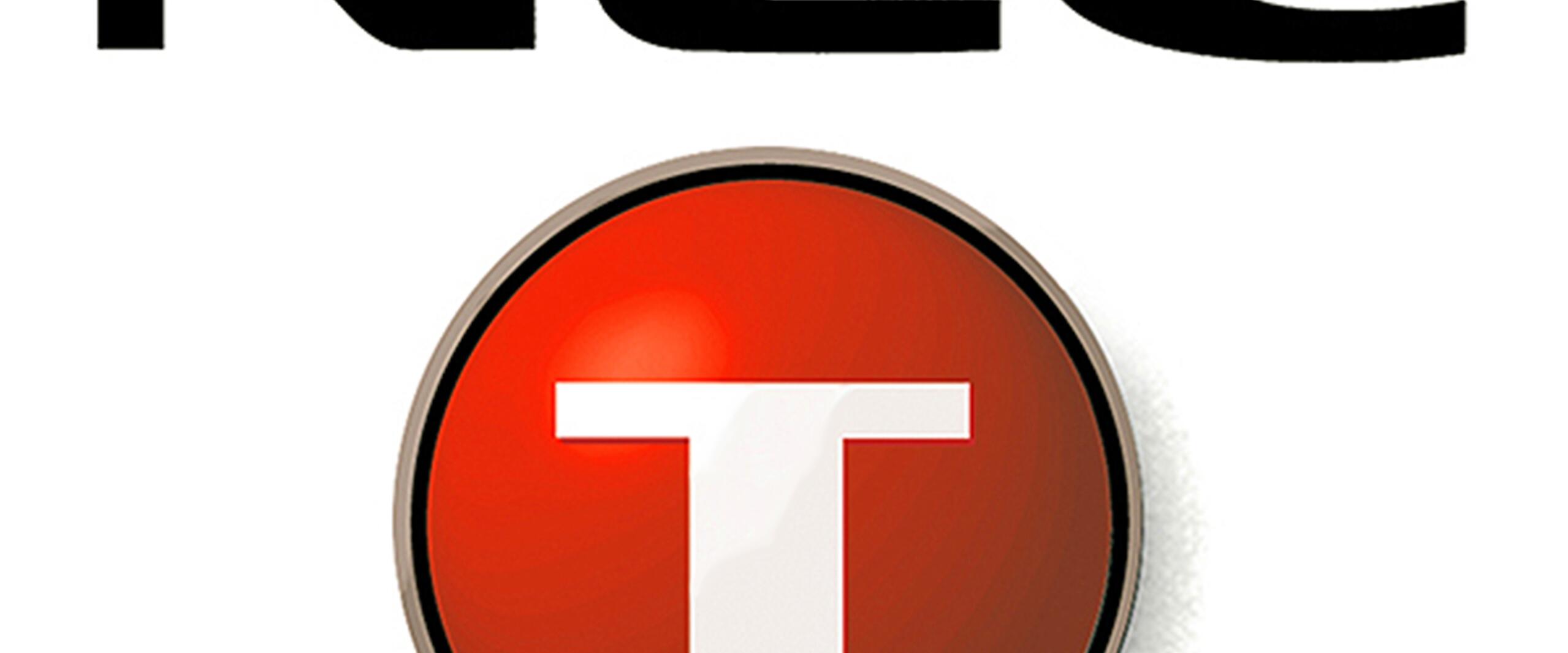 NEC logo with bold black text above a shiny red button featuring a white "T".
