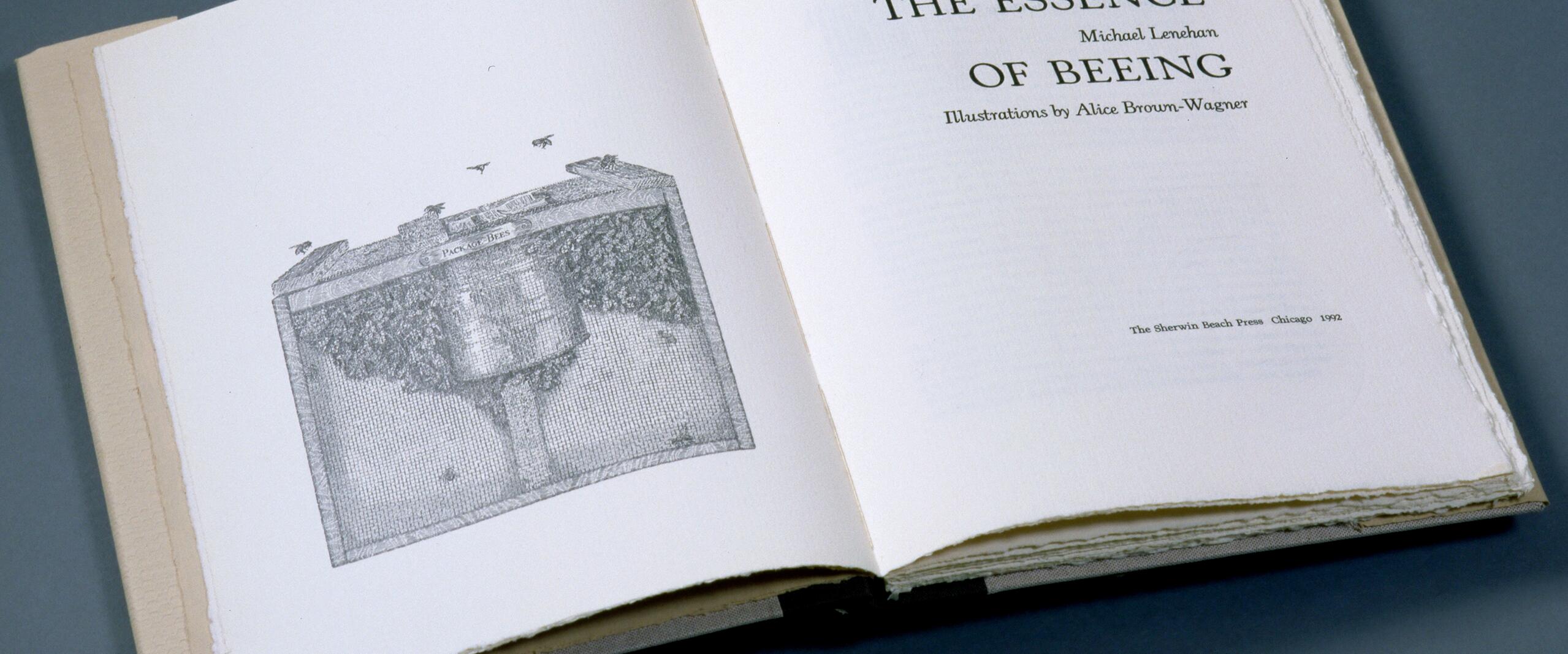 Open book titled "The Essence of Beeing," by Michael Lenehan, with illustrations by Alice Brown-Wagner. The left page shows an illustration of a beehive surrounded by bees. The right page displays the title and author information in a classic font.