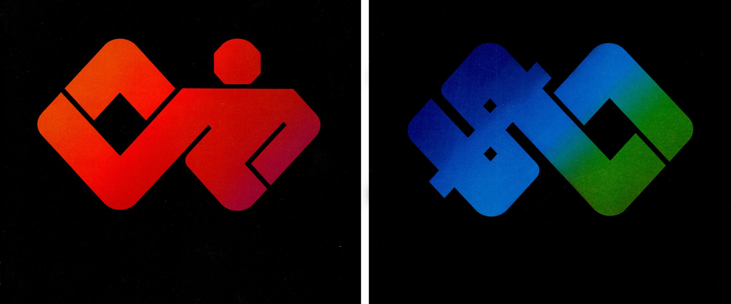 Two Alcoa logos on black backgrounds. Left logo is red, abstract human figure; right logo is blue-green geometric design.