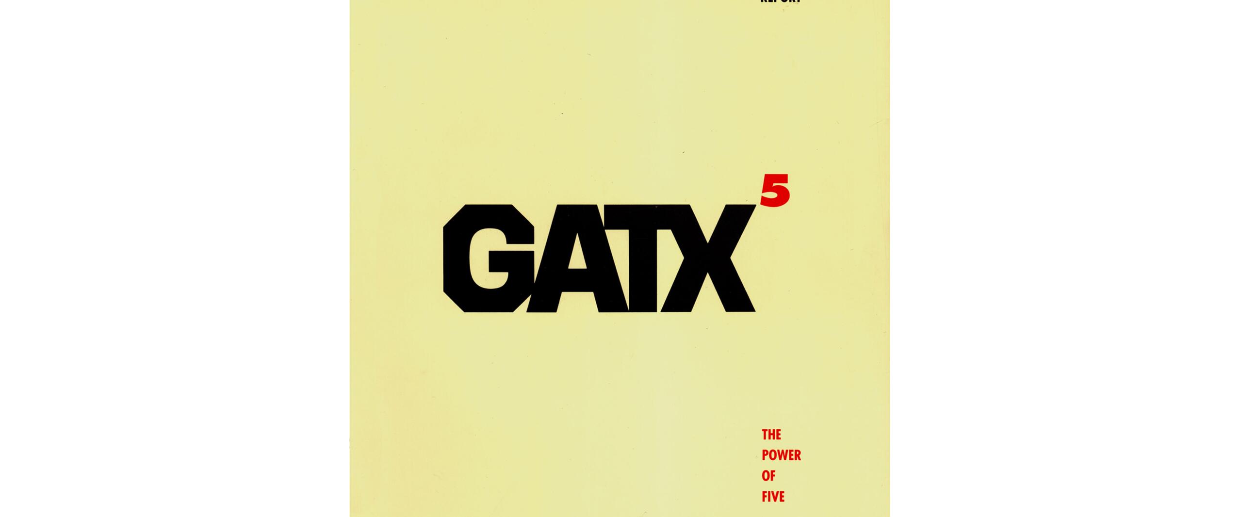 1994 GATX Annual Report cover with bold black text "GATX" and a small red "5" on a light yellow background. Red text reads "The Power of Five."