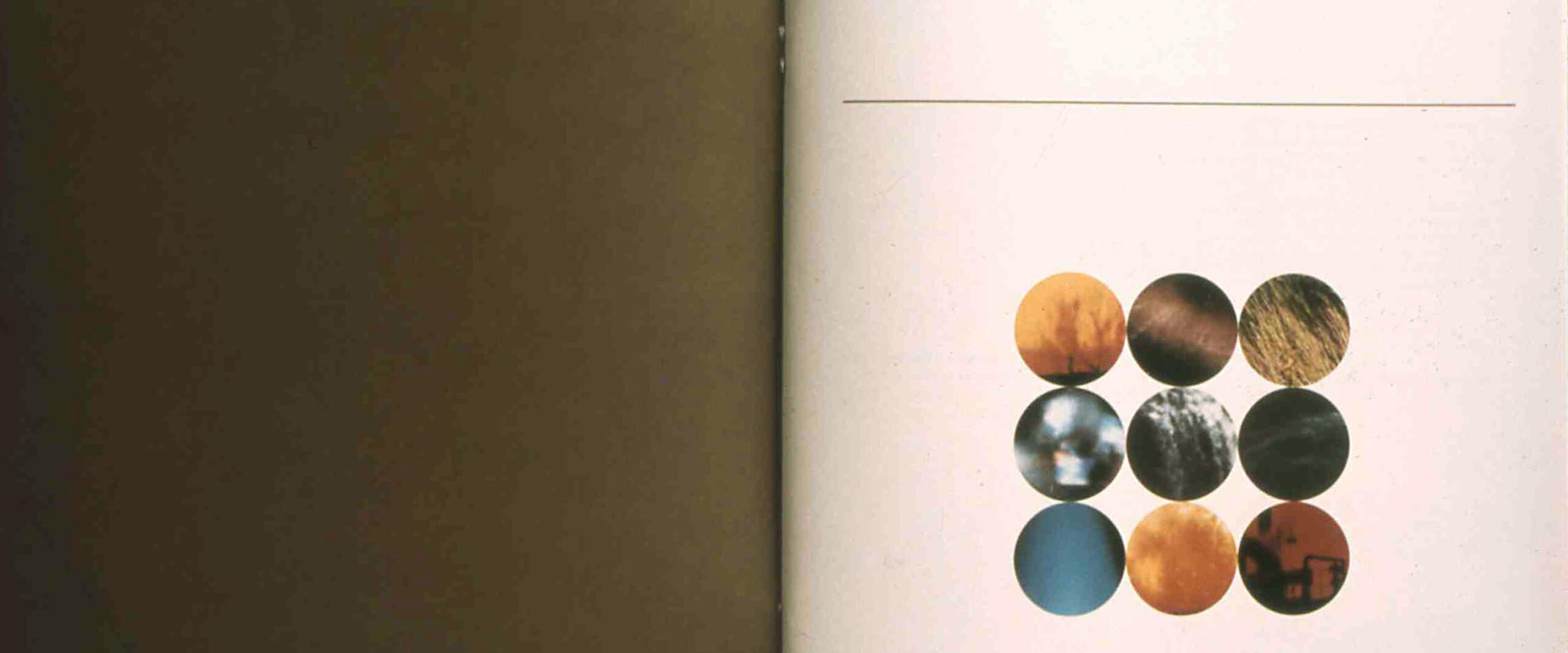 Open book with a left brown page and right white page, featuring a 3x3 grid of abstract, colorful circular photos.