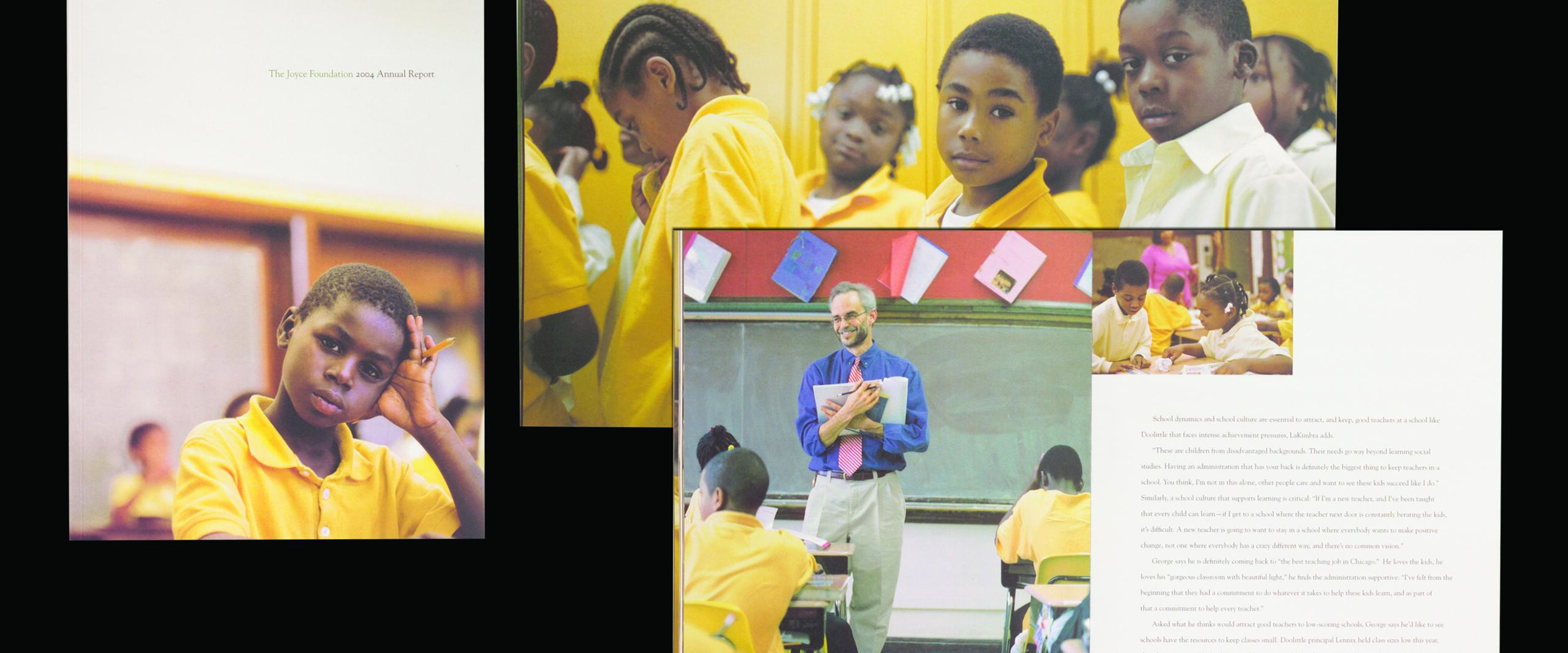 A classroom setting collage consisting of students in yellow uniforms, some looking contemplative, and a teacher smiling at the front of the class. Text in various areas without specific details.