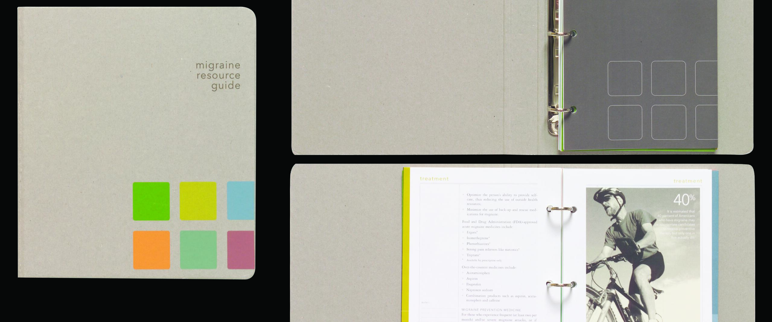 A migraine resource guide with a minimalist cover featuring colorful squares. Inside, a binder opens to a preface page and a section on treatment. A black-and-white photograph of a cyclist is visible on one page.