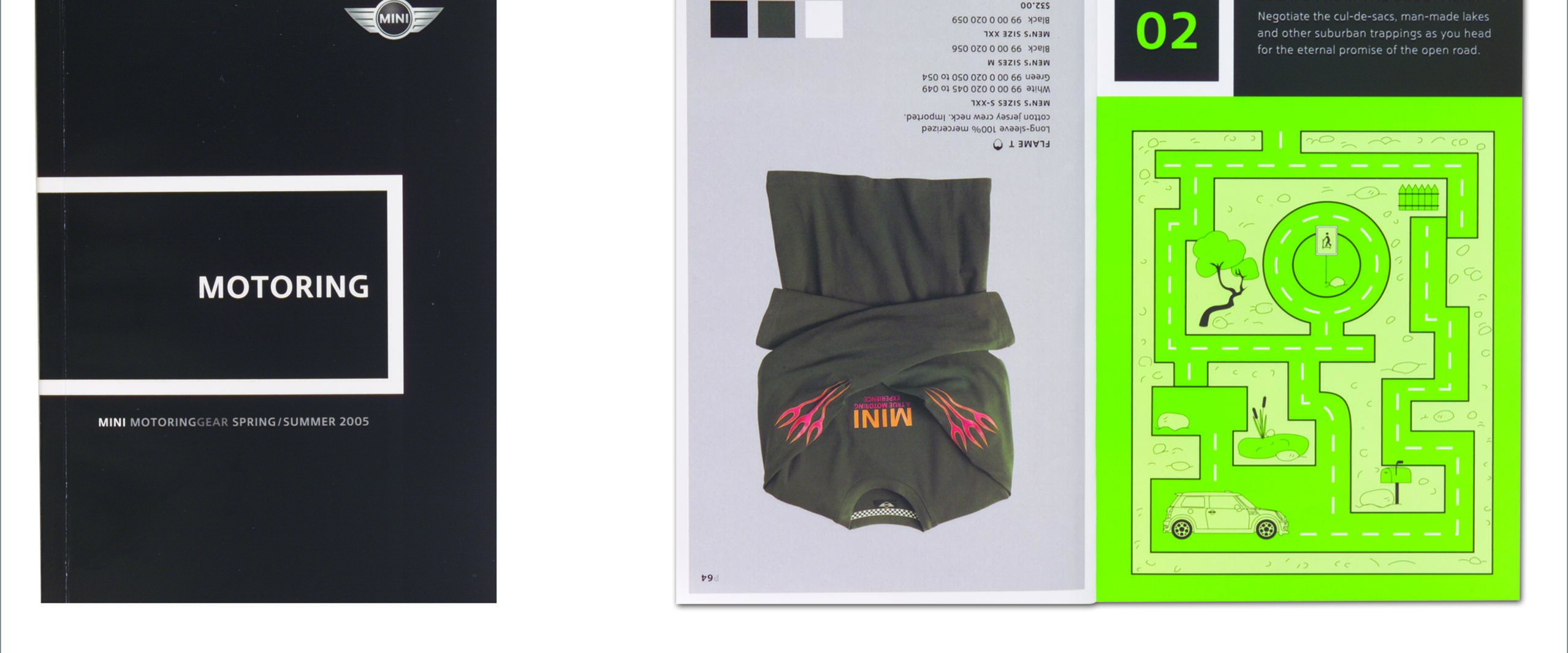 Black cover titled "Motoring" with Mini logo, and an open magazine page showing a folded T-shirt with pink flames and a bright green maze graphic.