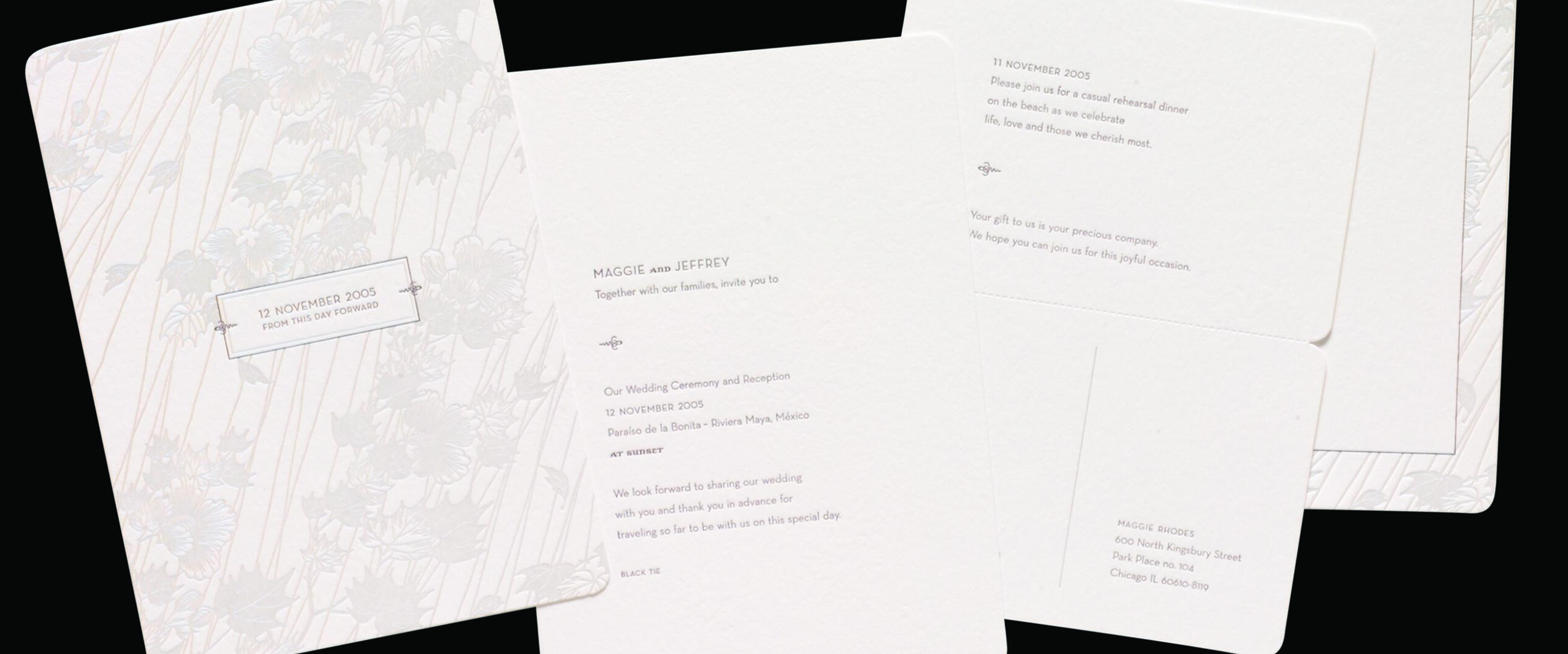 Wedding invitation set with elegant floral design. Includes details for a ceremony on November 12, 2005, and a rehearsal dinner on November 11, 2005. Contains names "Maggie and Jeffrey" with locations and RSVP information.