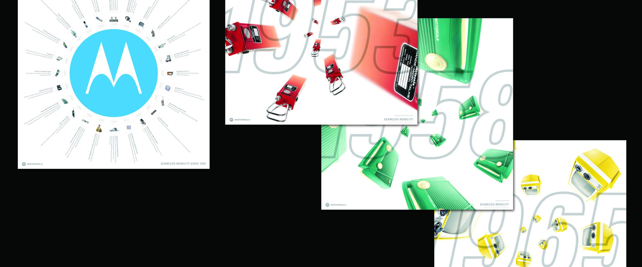 Motorola graphic with a blue logo and retro devices in red, green, and yellow. Dates 1953, 1958, and 1965 are visible, showcasing technology evolution. White background and bold numbers.