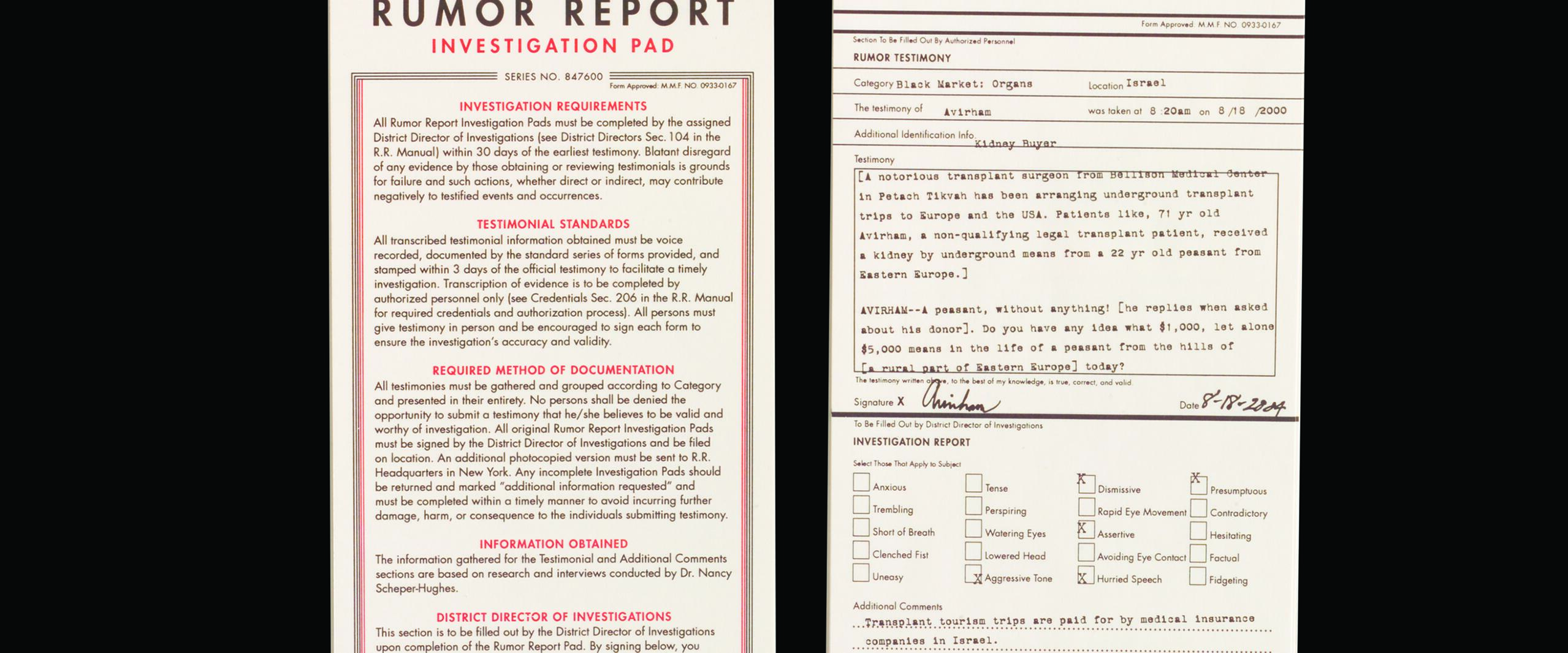 Two sheets from a "Rumor Report Investigation Pad." The left page outlines investigation procedures. The right sheet is partly filled with handwritten notes, checkboxes for emotional analysis, and a red "VERIFIED" stamp at the bottom.