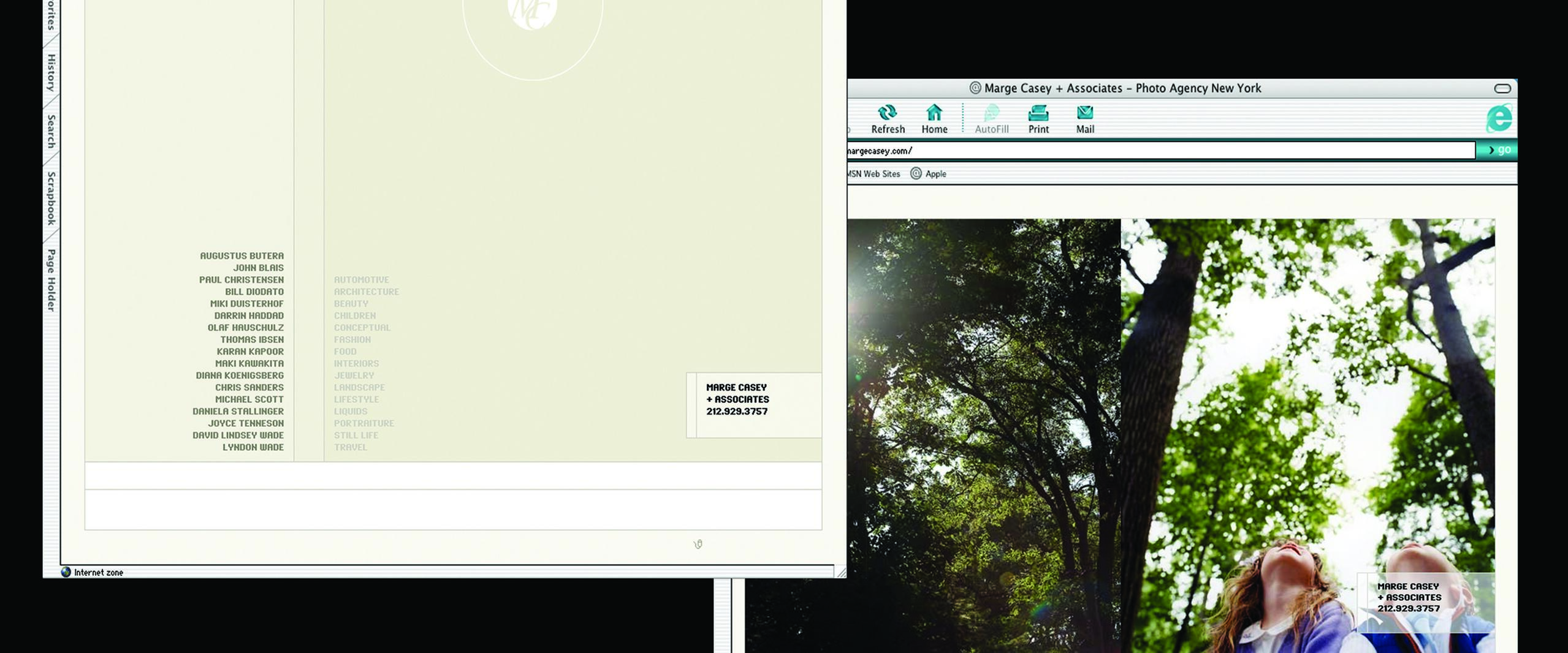 Two browser windows displaying a photo agency's website. The left window shows a list of names and categories on a light background. The right window displays a photograph of trees and sunlight with two children looking up, framed by a similar website layout.
