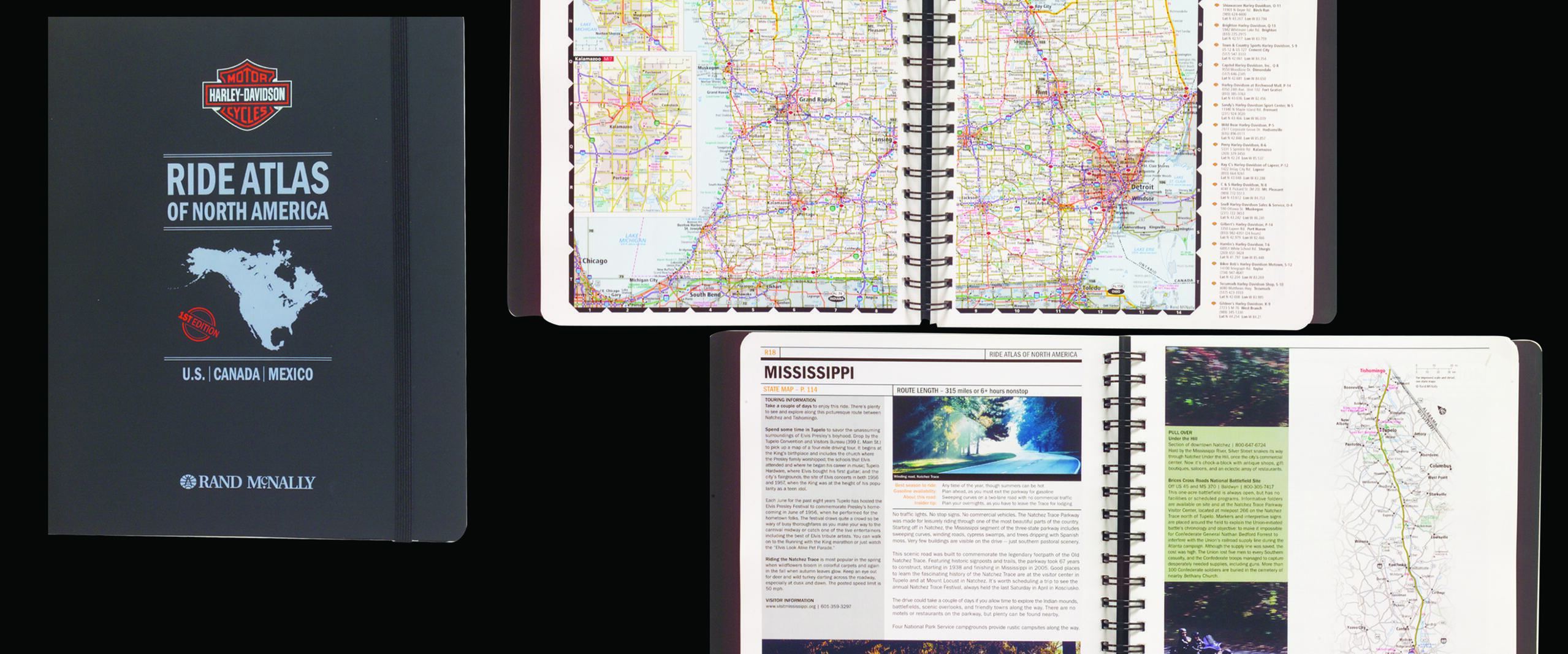 Closed and open views of the Harley-Davidson Ride Atlas by Rand McNally, showing detailed maps and travel information for North America.