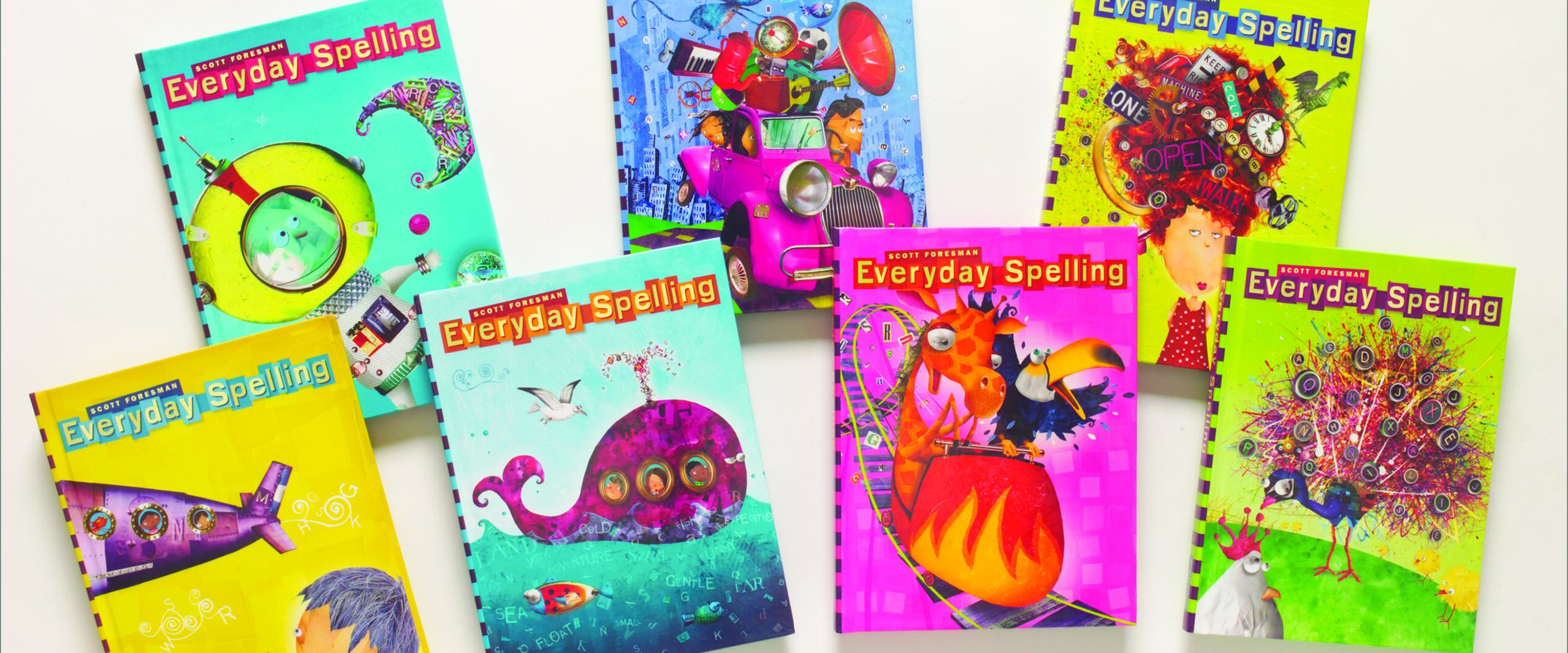 Seven colorful "Everyday Spelling" book covers, each with whimsical illustrations like a pink whale, a purple rocket, and various cartoonish animals and objects, set against vibrant backgrounds of blue, pink, and yellow.