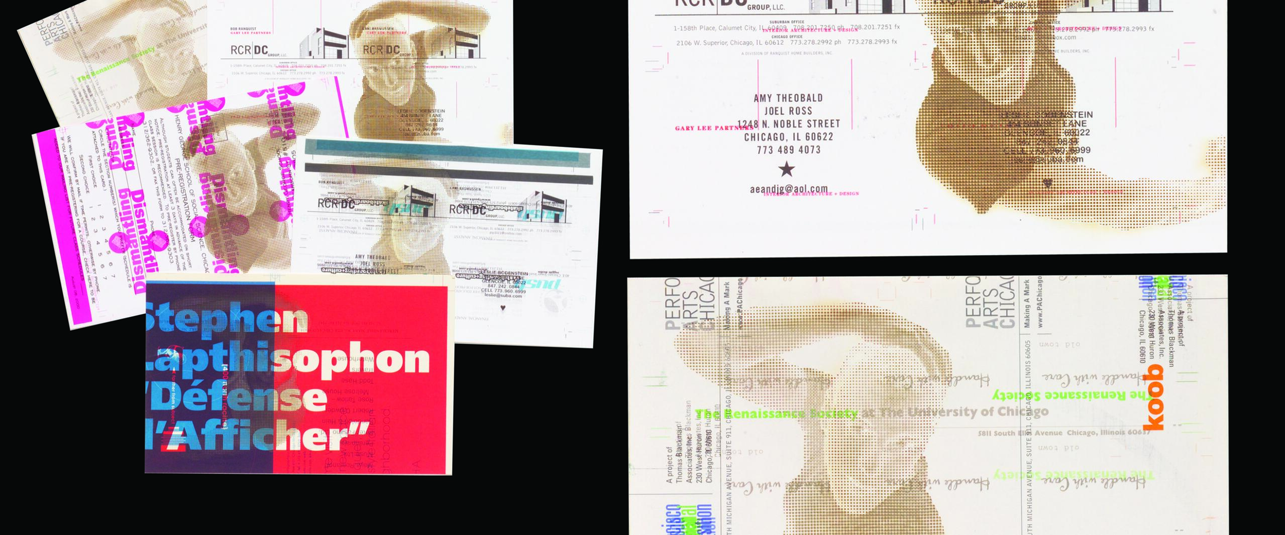 Collage of various colorful print designs featuring abstract graphics and text.