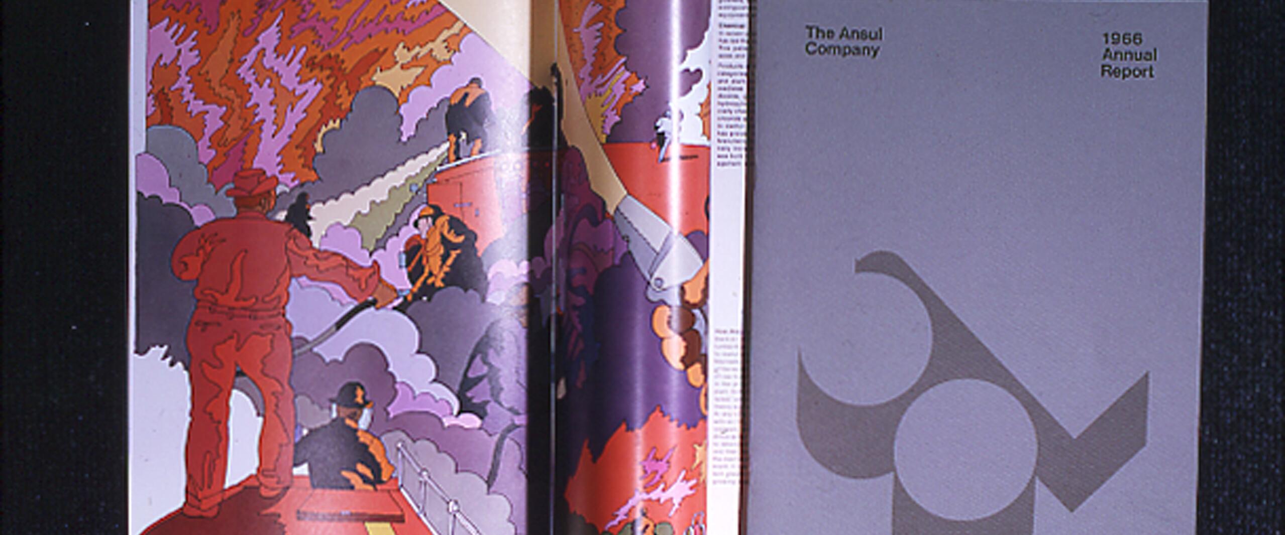 Open magazine with firefighters battling flames in stylized illustration, alongside a closed gray book titled "The Ansul Company 1966 Annual Report" with abstract geometric design on the cover.