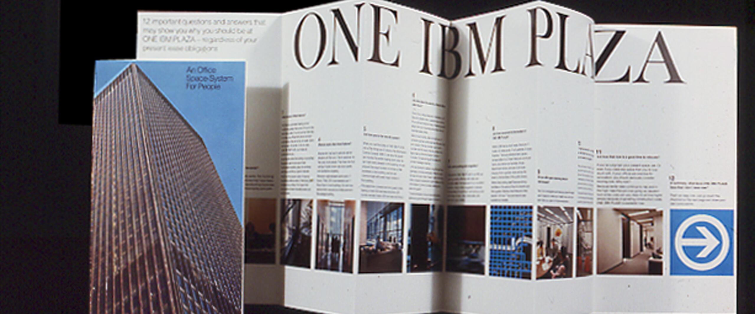 A brochure set against a dark background, featuring an image of a skyscraper on the left panel. The adjacent panel unfolds into a larger section titled "ONE IBM PLAZA" with text and smaller images of interiors.