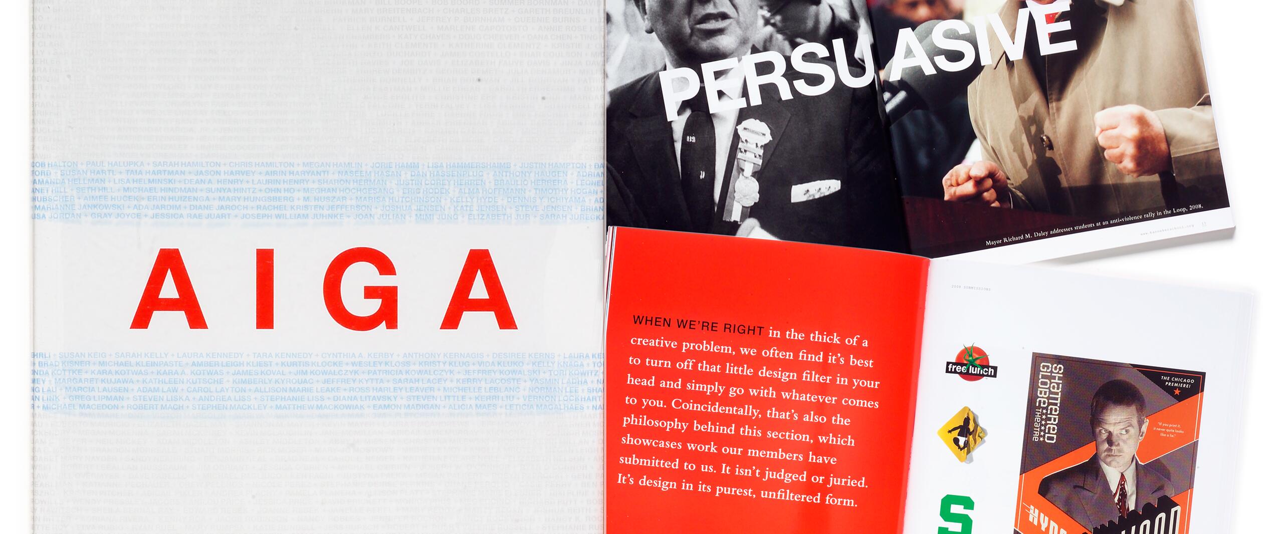 A magazine spread featuring a large "AIGA" text on the left, a black-and-white photo of two men with "PERSUASIVE" text on the upper page, and colorful designs and text on the lower pages.