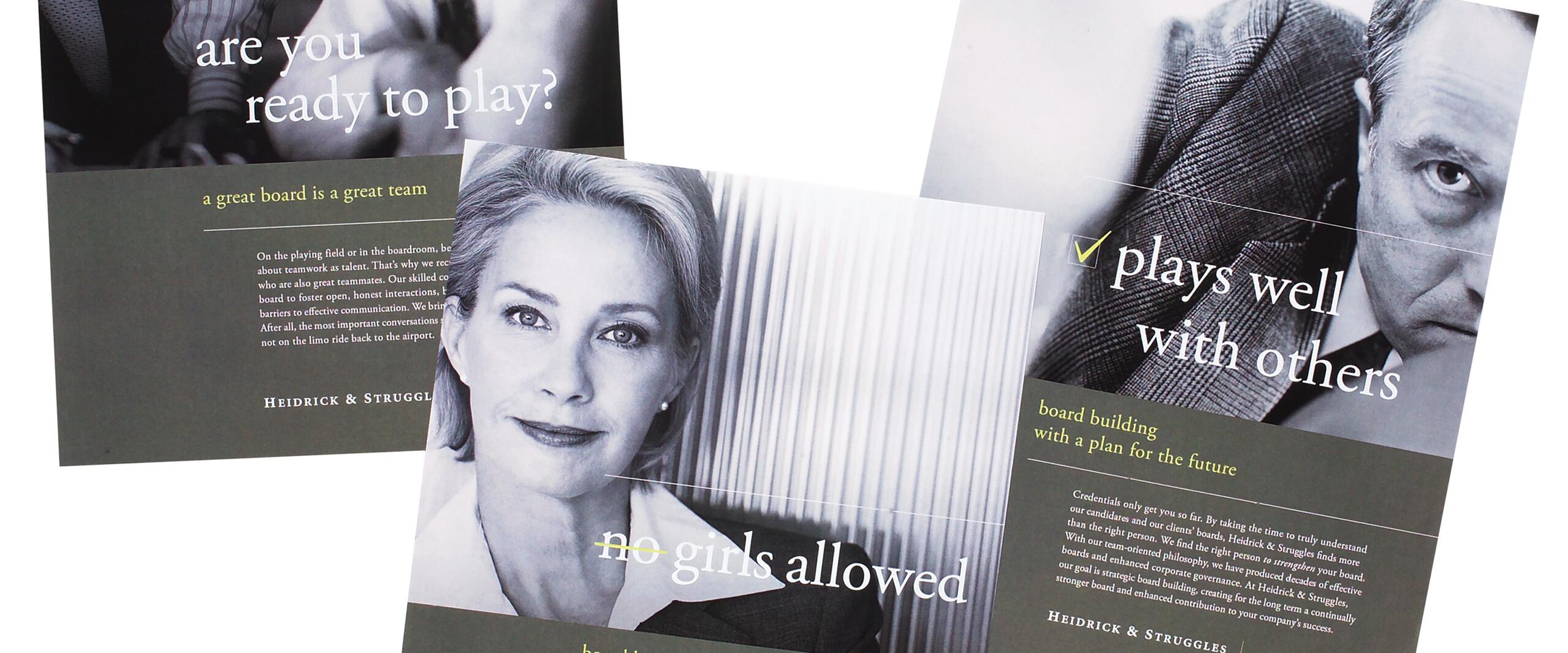 Three black and white business advertisements featuring serious expressions of two men and one woman, accompanied by text in a professional layout.