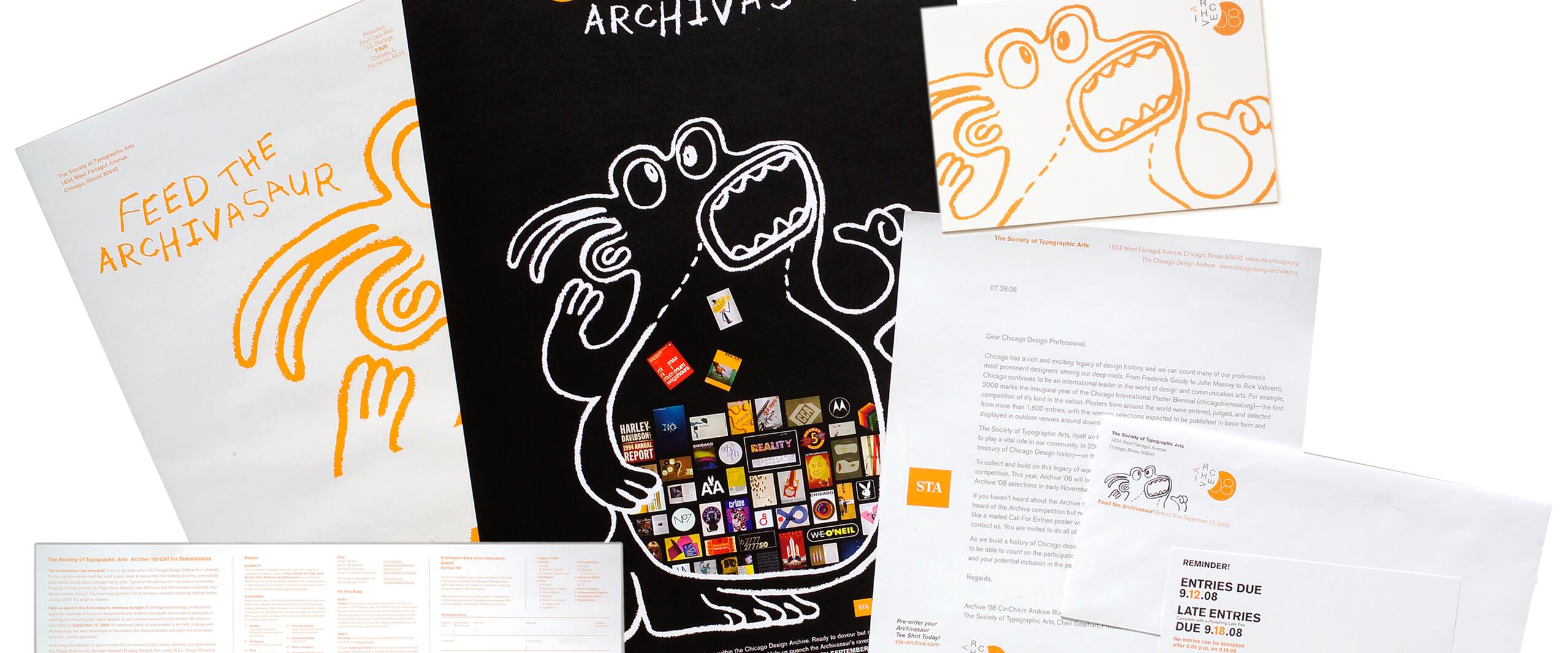 Illustration with a whimsical dinosaur holding various logos and text saying "Feed the Archivasaur." Surrounded by white pages featuring similar dinosaur illustrations and printed letters. The dominant colors are black, orange, and white.