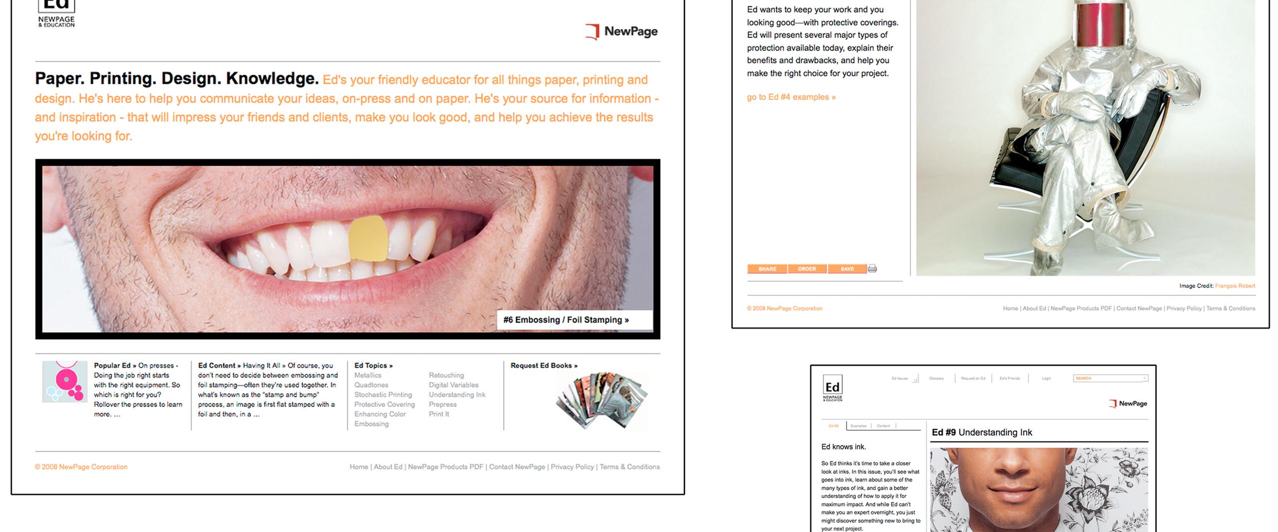 A collage of web pages from NewPage Ed. The main page shows a close-up of a smile with a yellow rectangle between teeth. A smaller page features a person in metallic protective gear sitting on a chair, and another shows a person in a floral-patterned shirt.