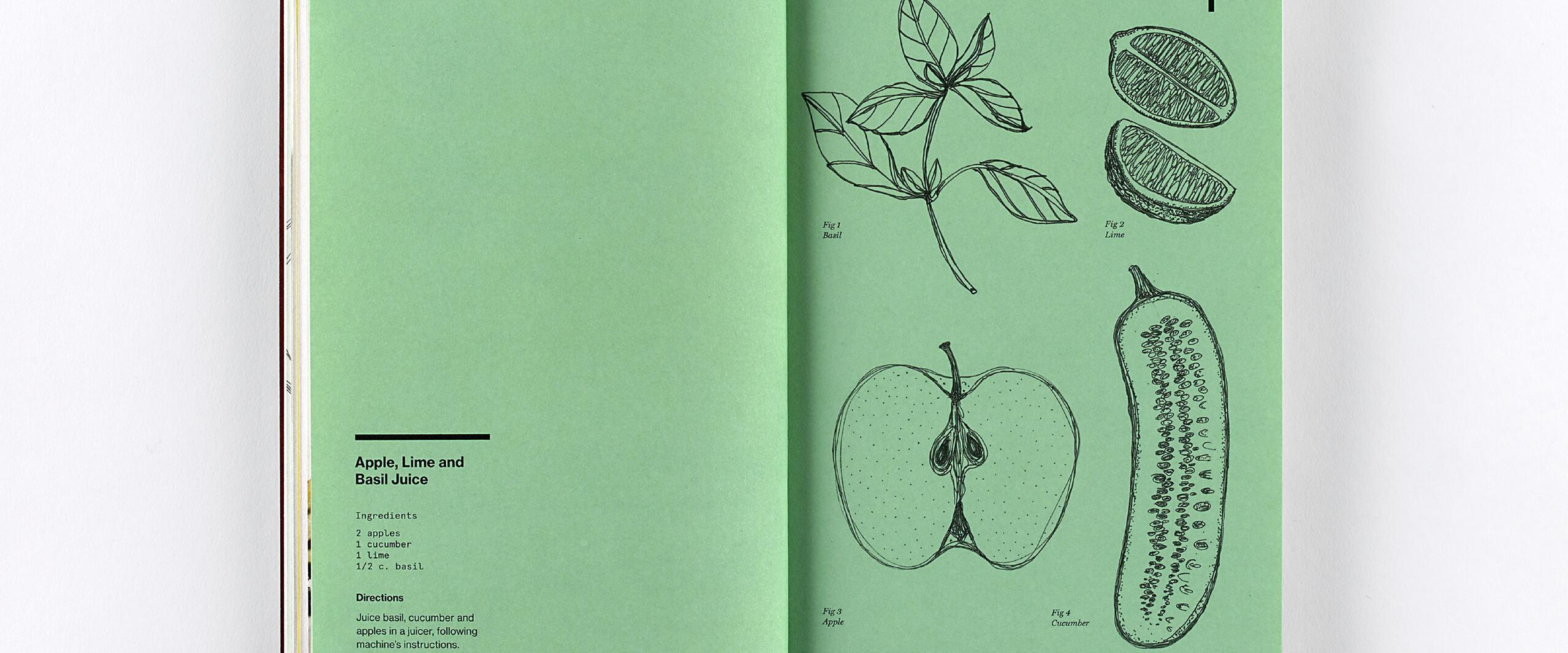 Open cookbook page with a recipe for apple, lime, and basil juice on a green background. Illustrations include basil leaves, lime halves, an apple, and a cucumber.