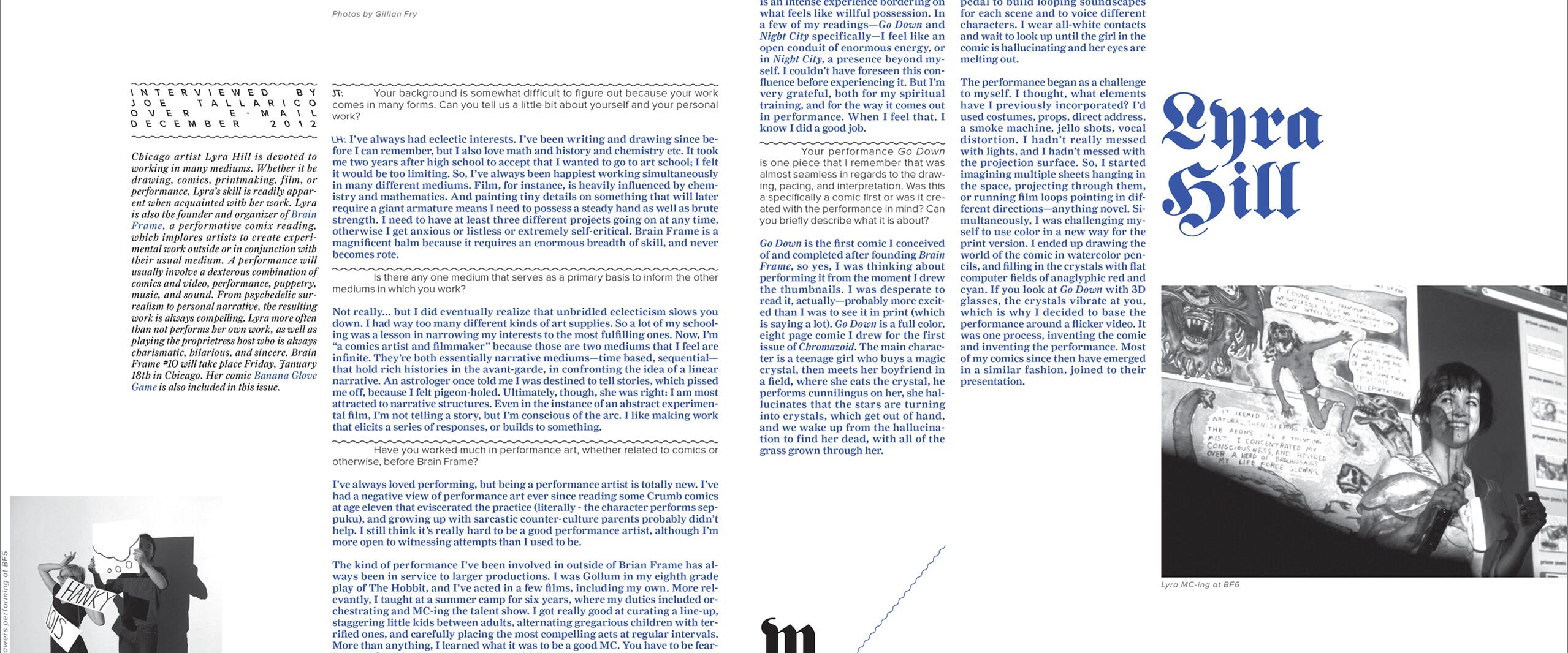 Text-heavy magazine spread featuring an interview with Lyra Hill. Includes a black and white photograph of Lyra MC-ing at BF6, with a projection in the background. The layout has multiple columns of text and artistic elements, with "Lyra Hill" prominently displayed.
