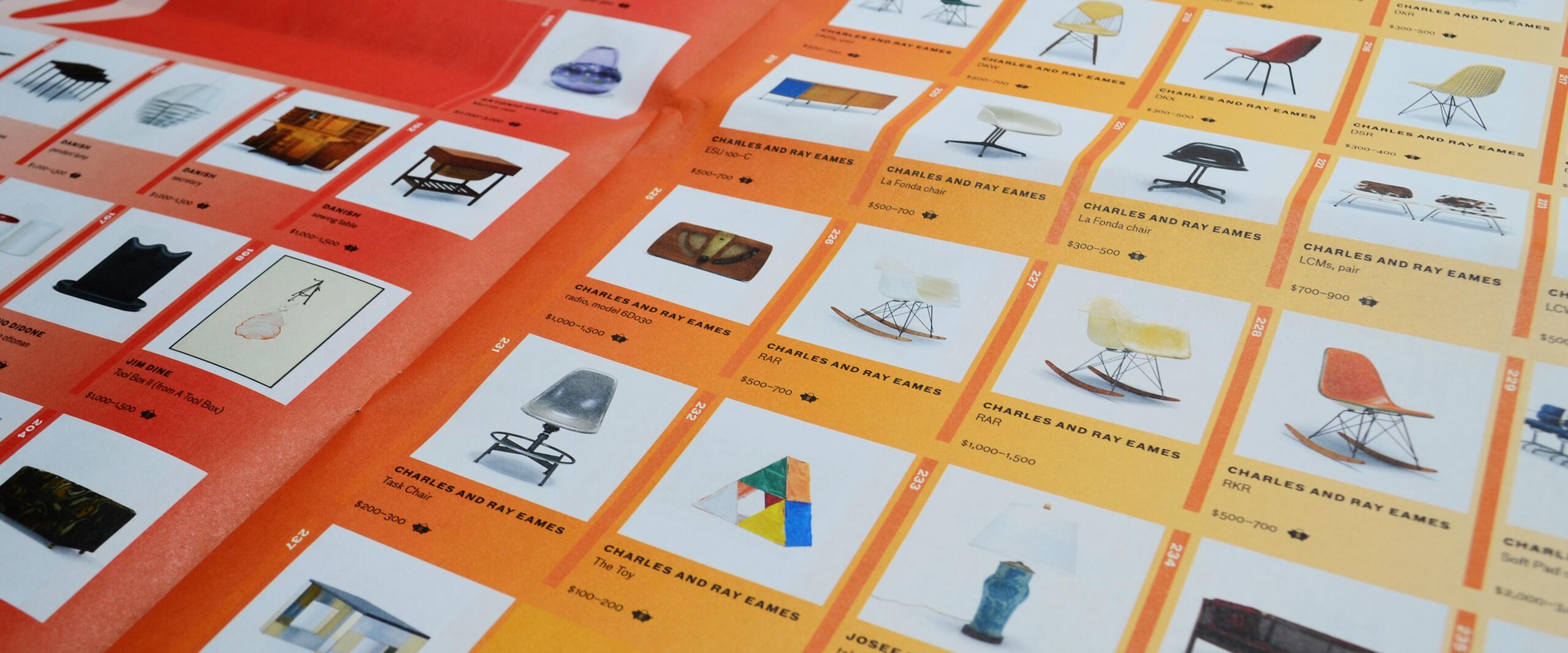 Catalog pages featuring various modern furniture items on a gradient orange background, including chairs and tables, with product names and estimated prices.