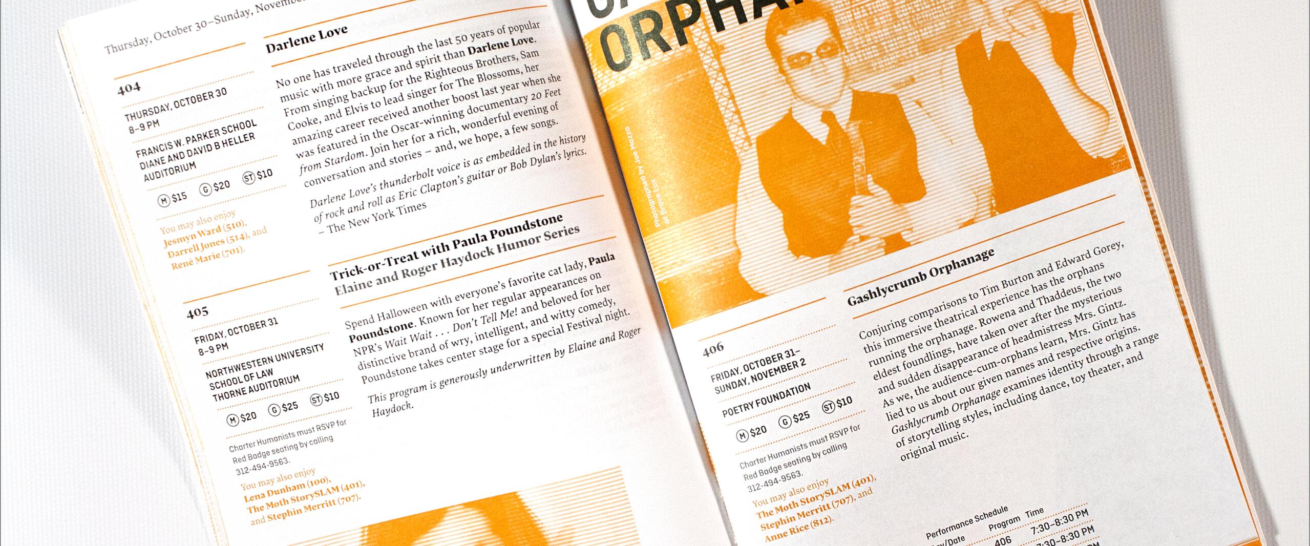 Open booklet with event listings in black and orange print, featuring "Gashlycrumb Orphanage" with stylized, shadowy figures. Dates and descriptions detail performances and ticket prices. A hand holds the pages open.