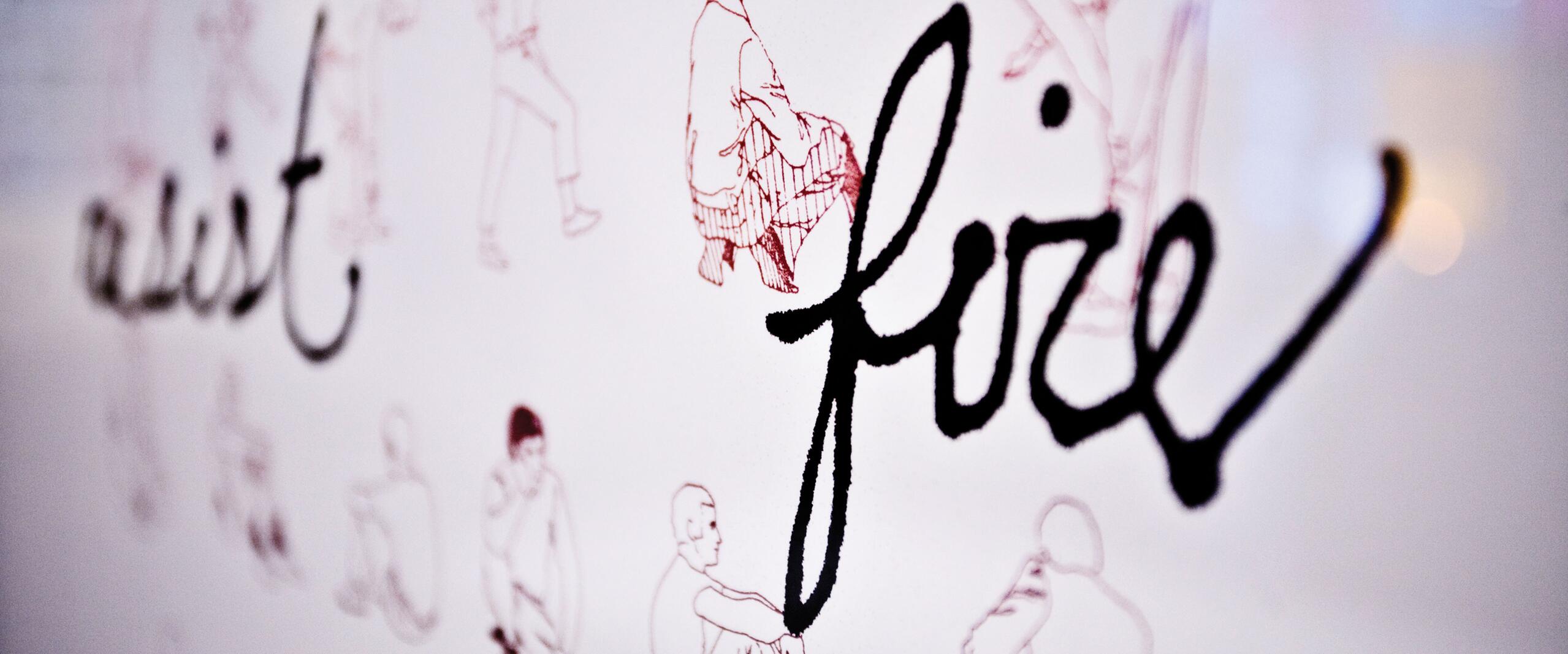 Stylized illustrations of people in various poses with large, flowing handwritten words in black overlaying them on a light-colored background.