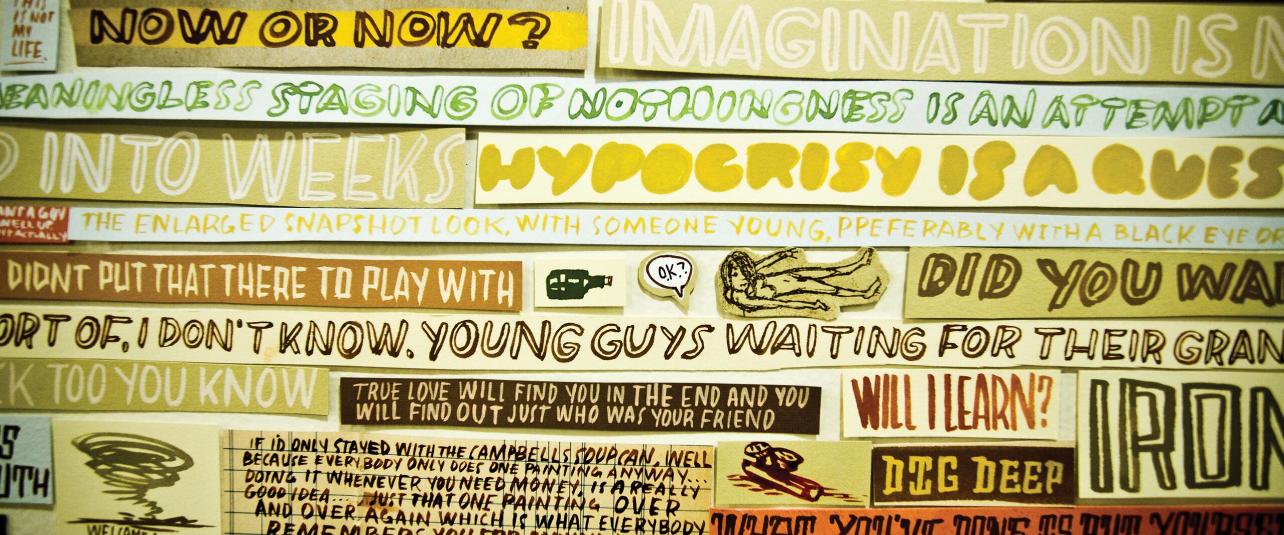 Collage of colorful, handwritten text strips with various phrases in different fonts and colors, arranged closely together.