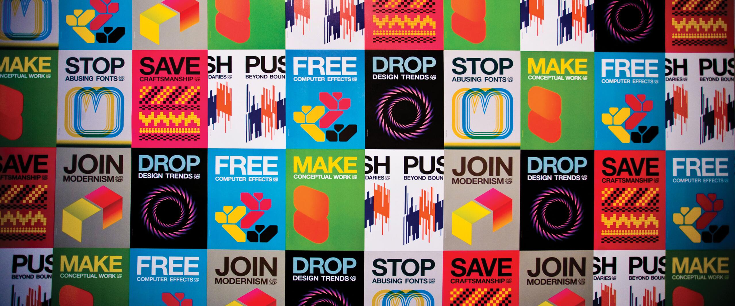 Colorful grid of posters with abstract designs and bold text, featuring phrases like "MAKE," "FREE," "SAVE," and "JOIN." Each poster has a unique color scheme and graphic elements, such as geometric shapes and digital patterns.
