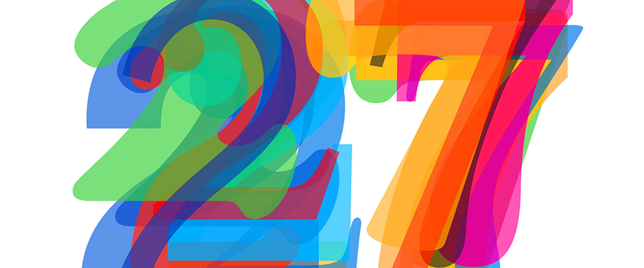 Colorful overlapping numbers 27 in a digital graphic, each digit featuring a blend of bright colors including green, blue, red, orange, and pink, creating a vibrant and playful effect against a white background.