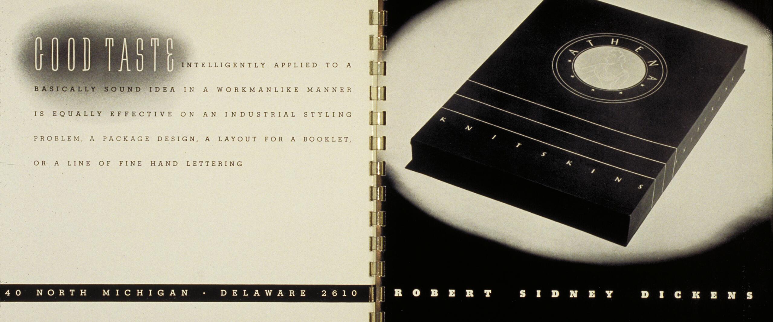 Left page with text about design principles, and right page showing a dark box labeled "Athena Knitskins" with a circular logo, divided by spiral binding.