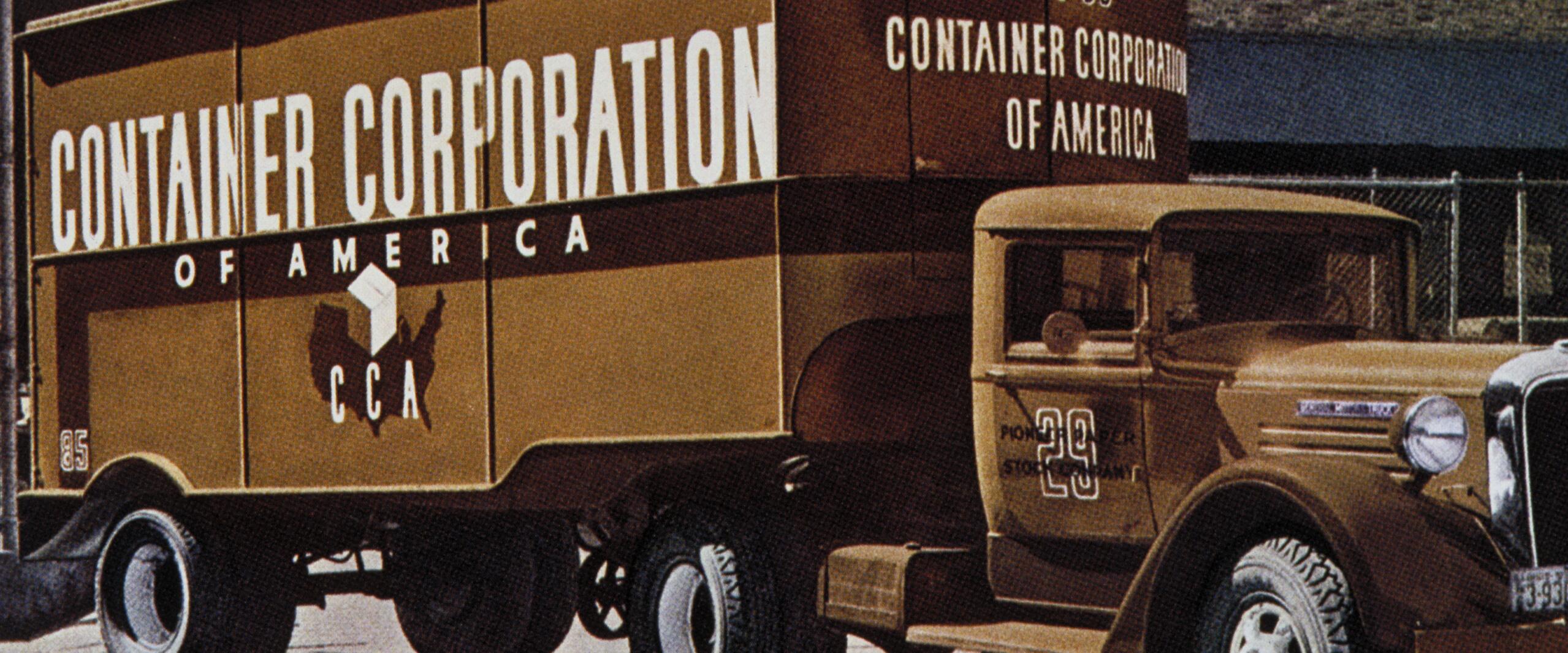 Brown vintage delivery truck with "Container Corporation of America" branding on the side, parked on a city street with a brick building in the background.