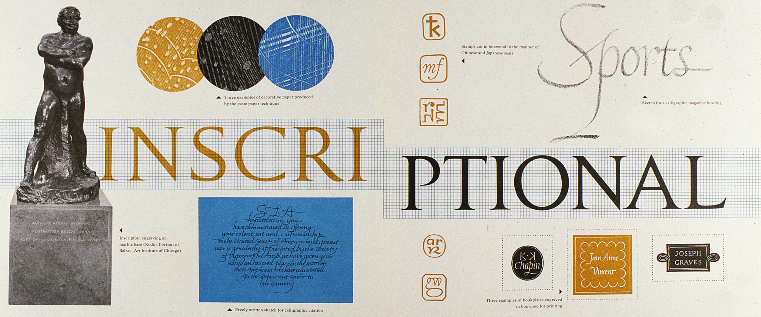 Decorative graphic featuring a statue on the left and various typography samples, including calligraphy and engraved bookplates. Bold yellow letters form part of the word "Inscriptional" across a grid background. Round decorative paper samples appear at the top.