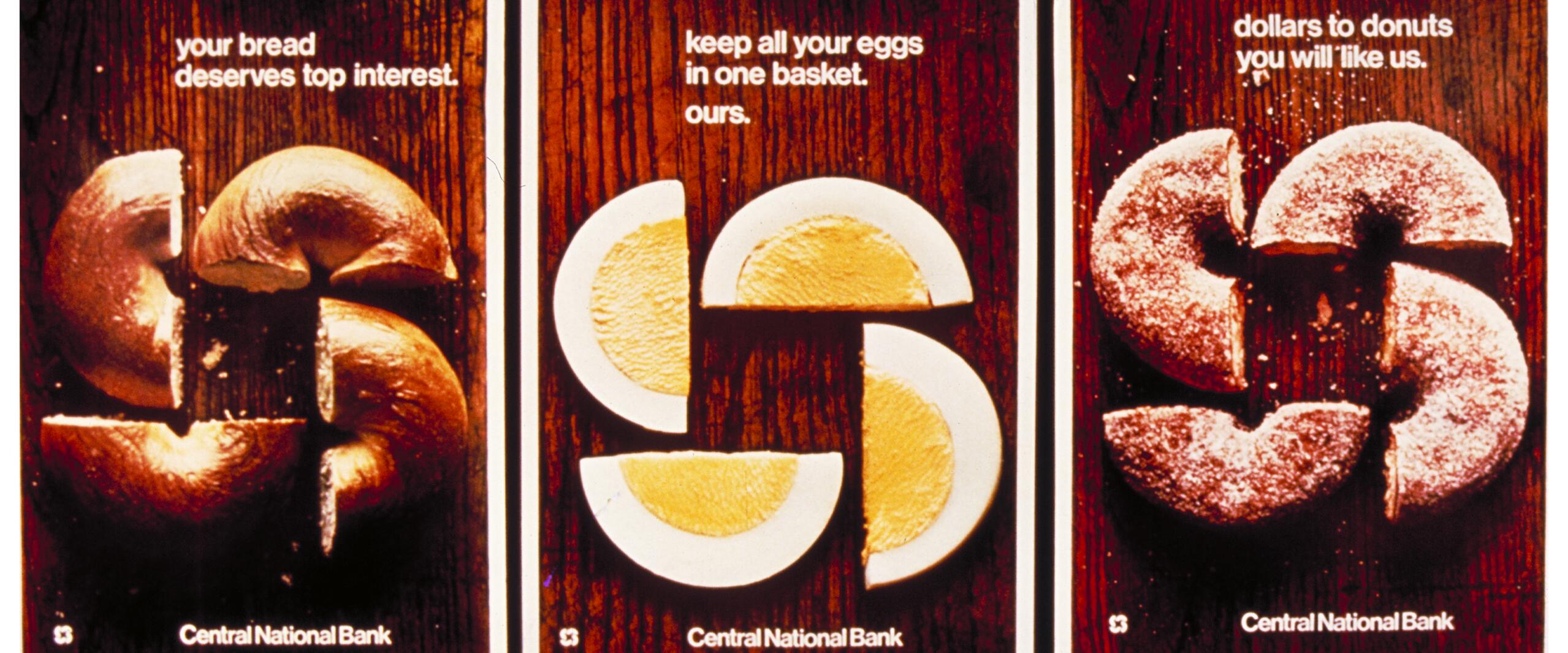 Three posters for Central National Bank featuring circular foods—bagels, egg slices, and powdered donuts—arranged to mimic the bank's logo on a wood surface.