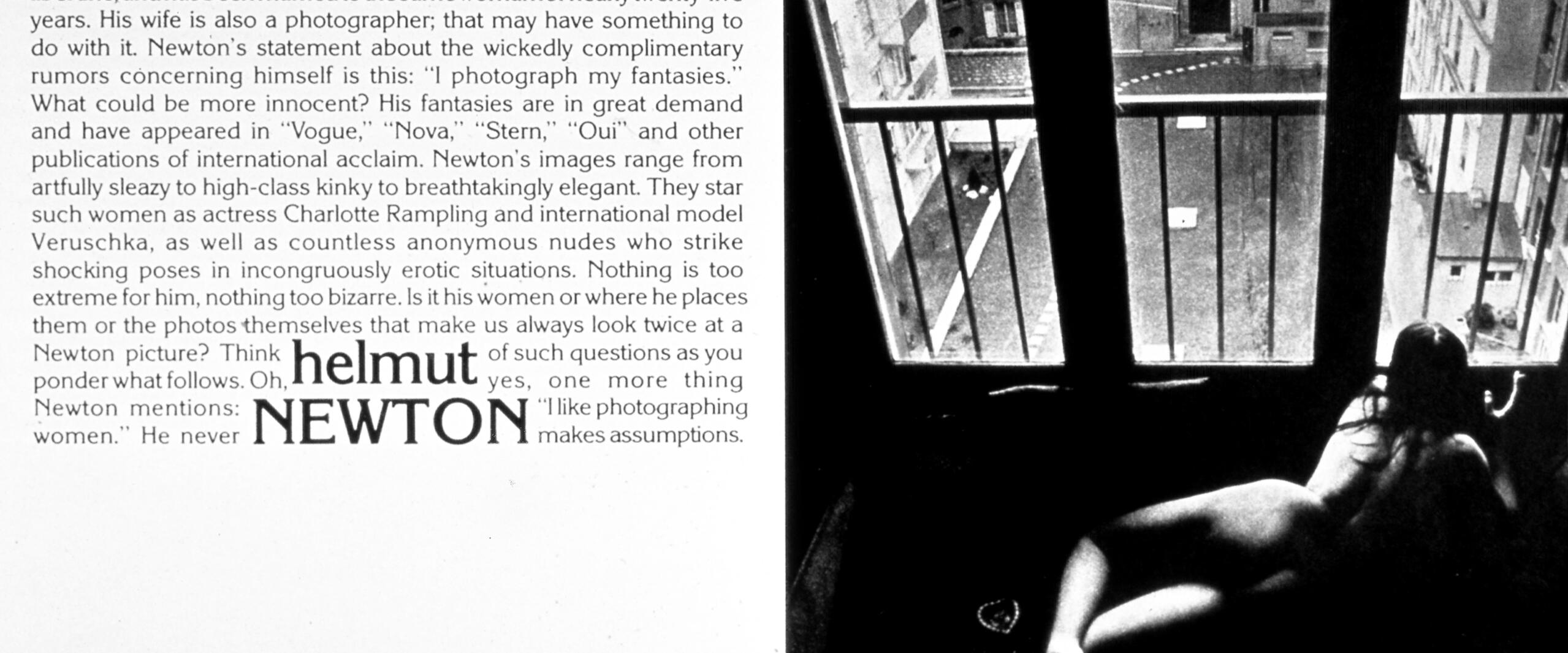 Black and white photograph of a nude woman lying on her stomach, looking out a window onto a city street. There is text on the left about Helmut Newton's photography.