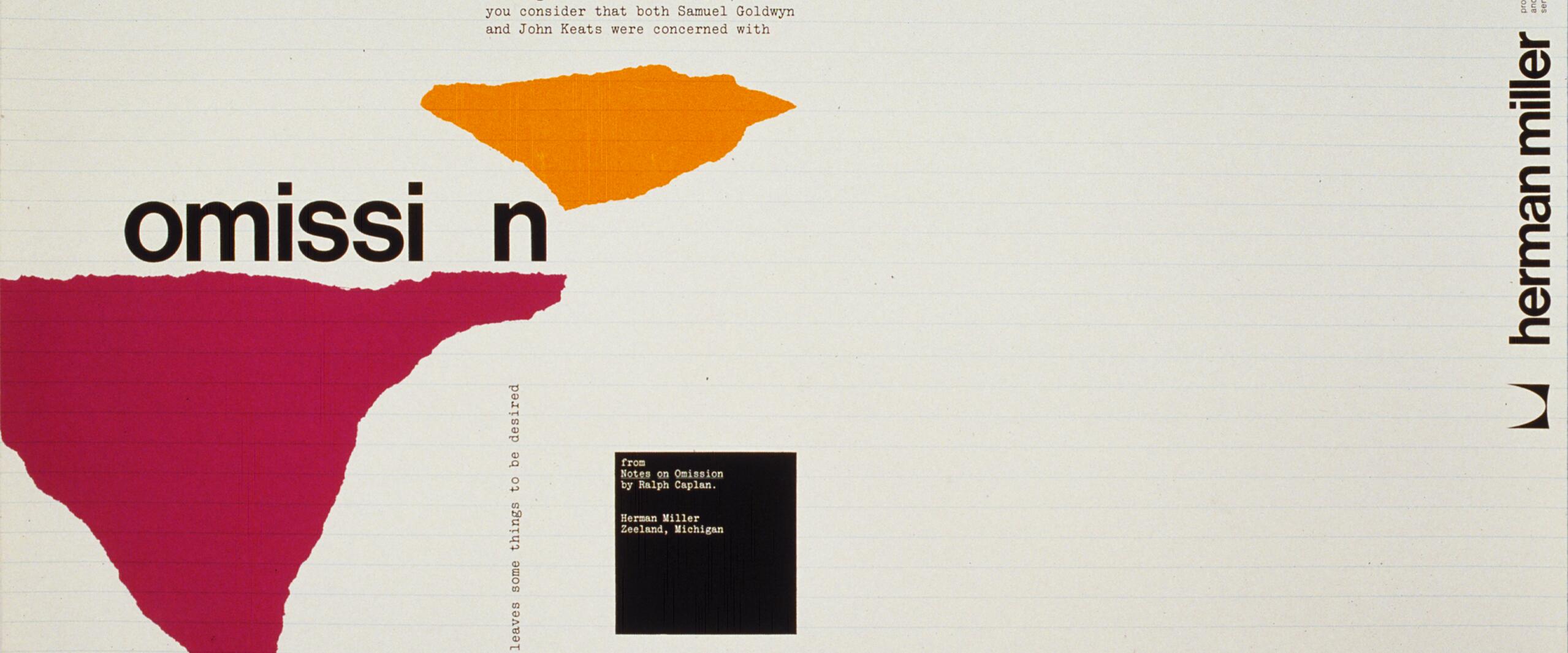 Graphic featuring abstract shapes in orange and pink, with the word "omission" missing an "o." Includes typed text and the Herman Miller logo on the right.