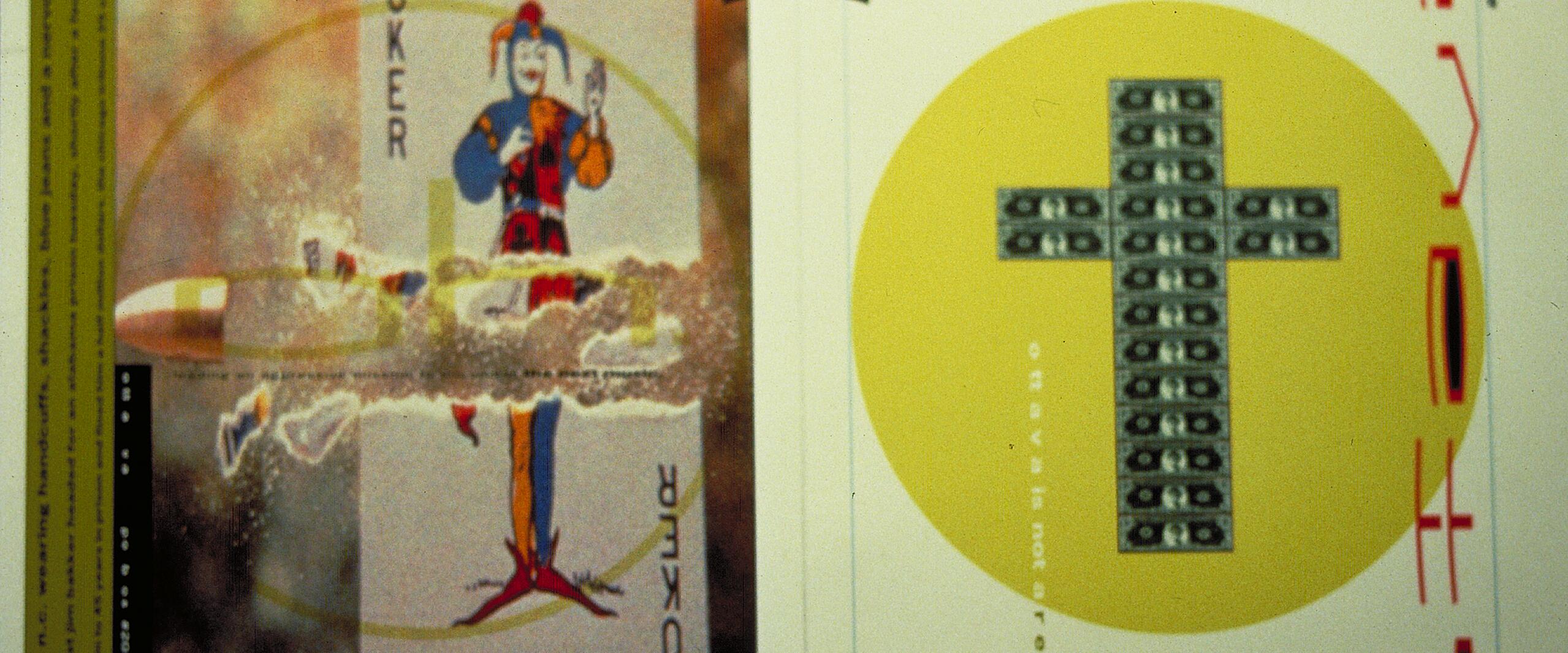 Playing card-themed artwork featuring a joker and dollar bills arranged in a cross pattern against a yellow background. The text includes phrases like "we're not" and "in it for the money." Colors are bright with a graphical style.