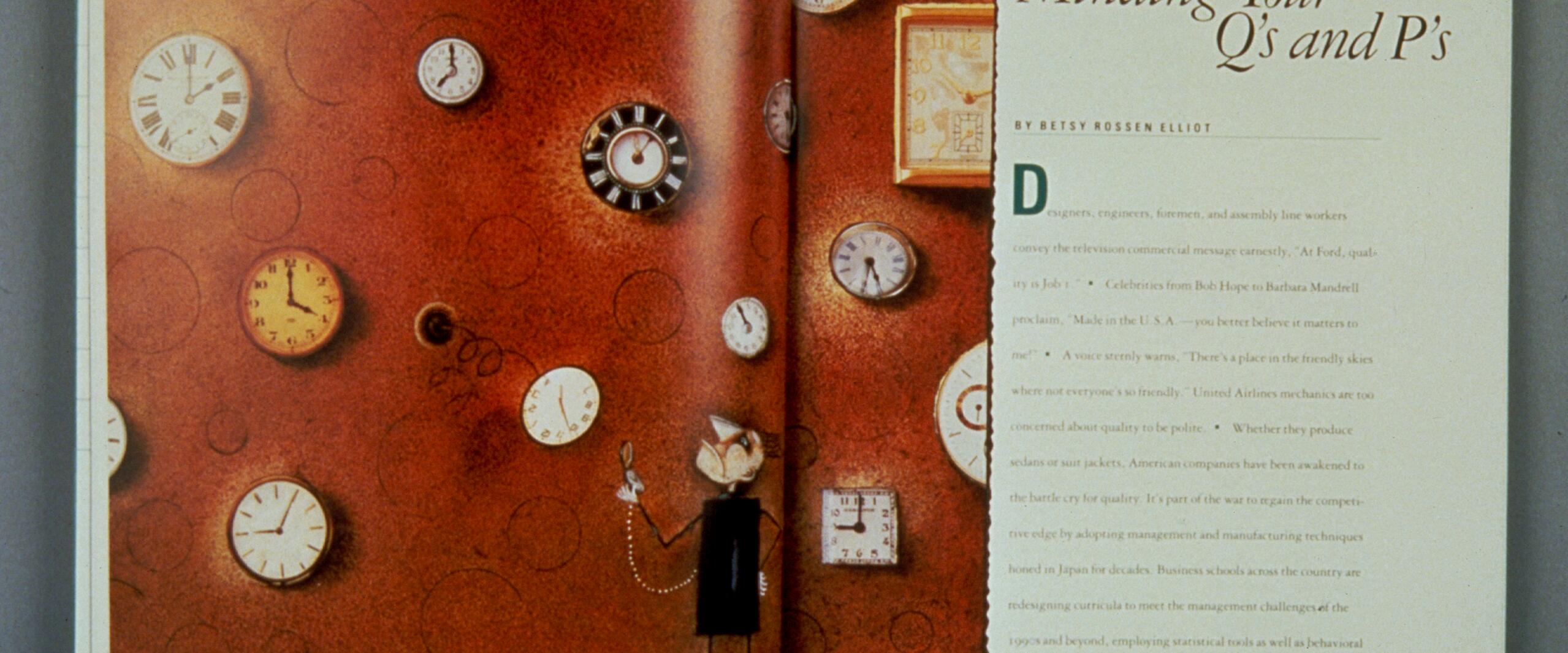 Open magazine spread with clocks on an orange textured background on the left page, and text on the right page under the title "Quality and Productivity at the GSB: Minding Your Q’s and P’s" by Betsy Rossen Elliot.