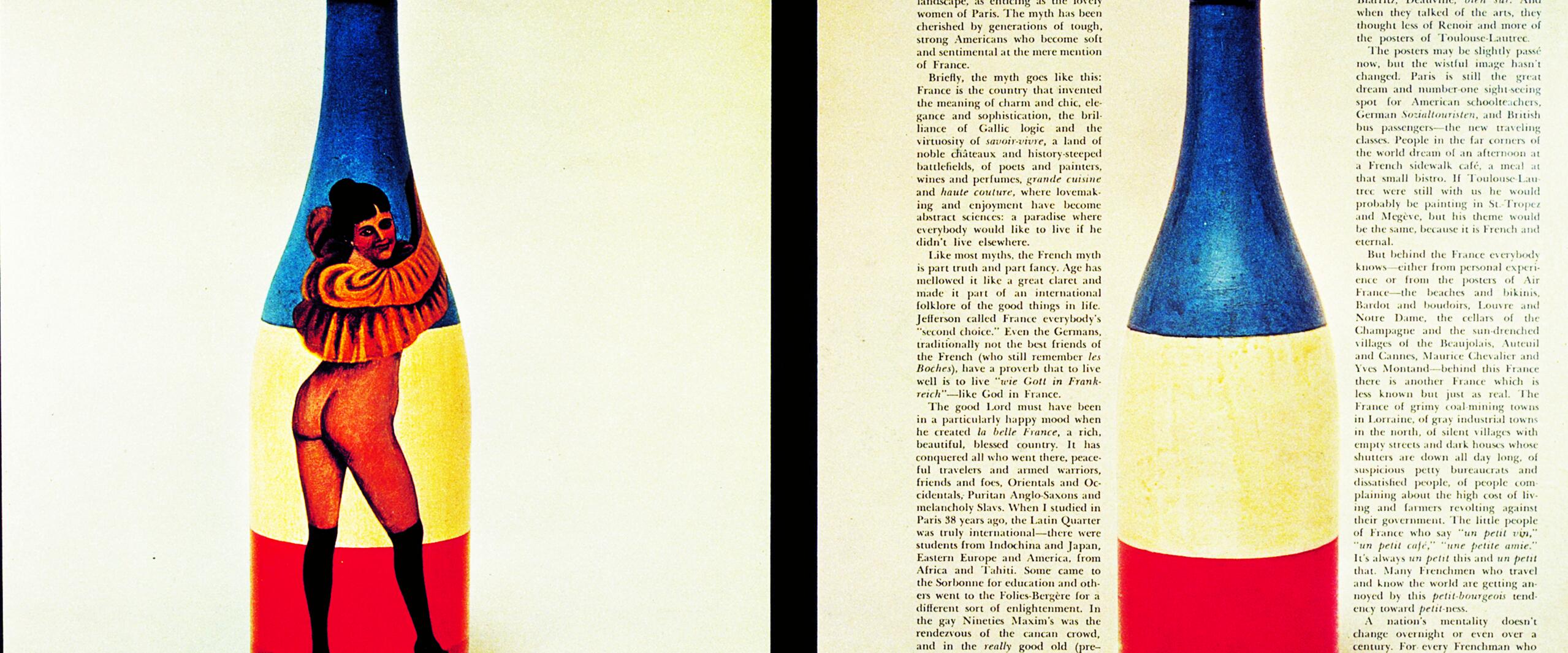Two illustrated wine bottles, one on each page. The left bottle shows a person in a colorful outfit with text "The French Myth" above. The right bottle features the French flag colors. Text accompanies each image. 