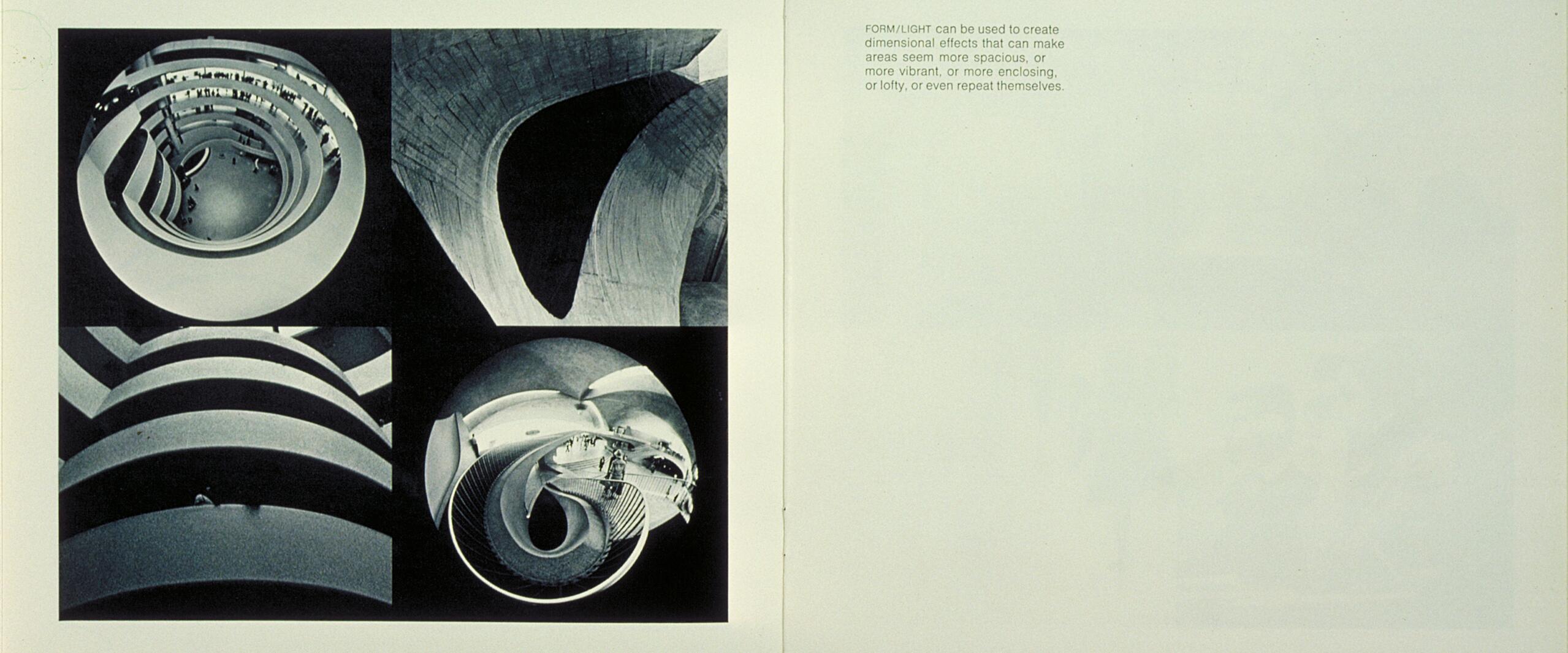 Four black and white photographs of architectural spaces featuring curves and spirals. The images show varying perspectives and lighting effects on the structures, highlighting the interplay of light and form. The right page contains text on light and architectural space.