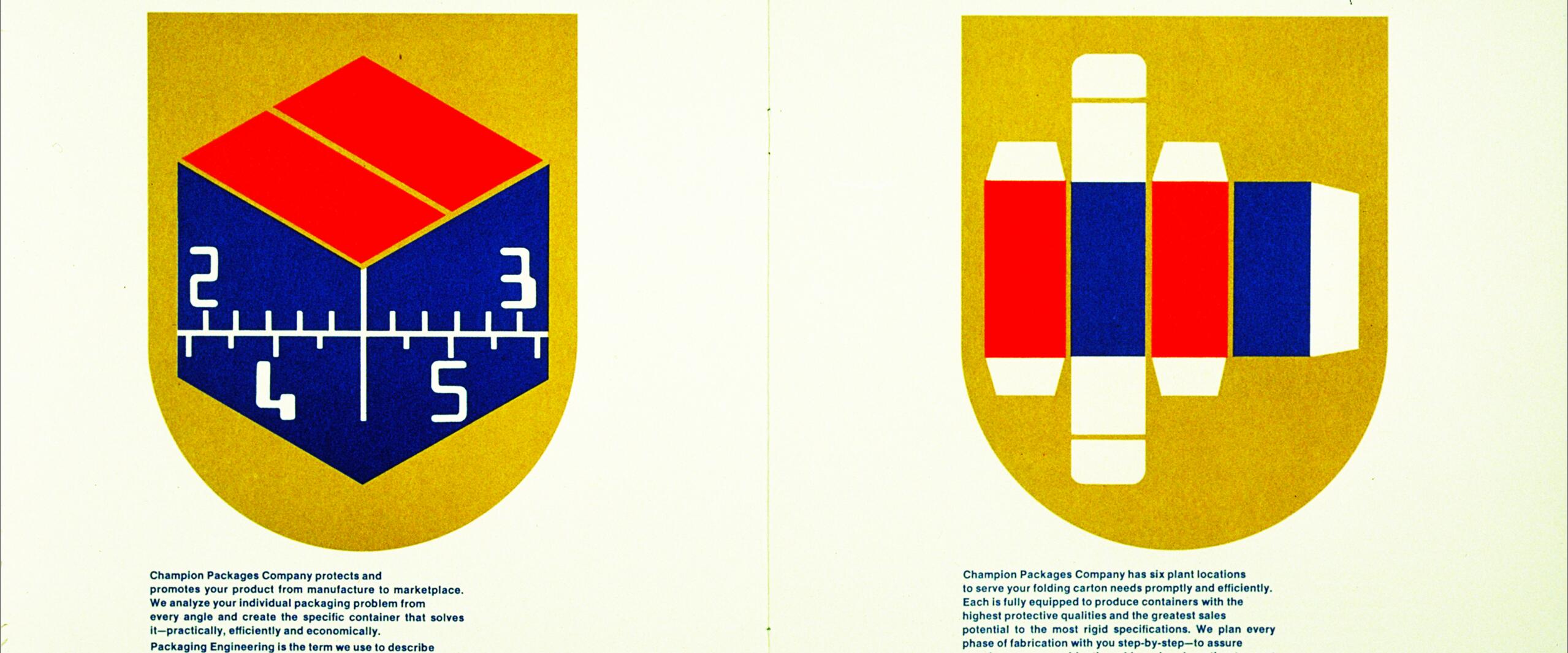 Two colorful shields on a white background. The left shield features a geometric cube with numbers and a ruler motif, while the right shield displays a blue and red folding carton design. Both shields are labeled with text above and descriptions below.