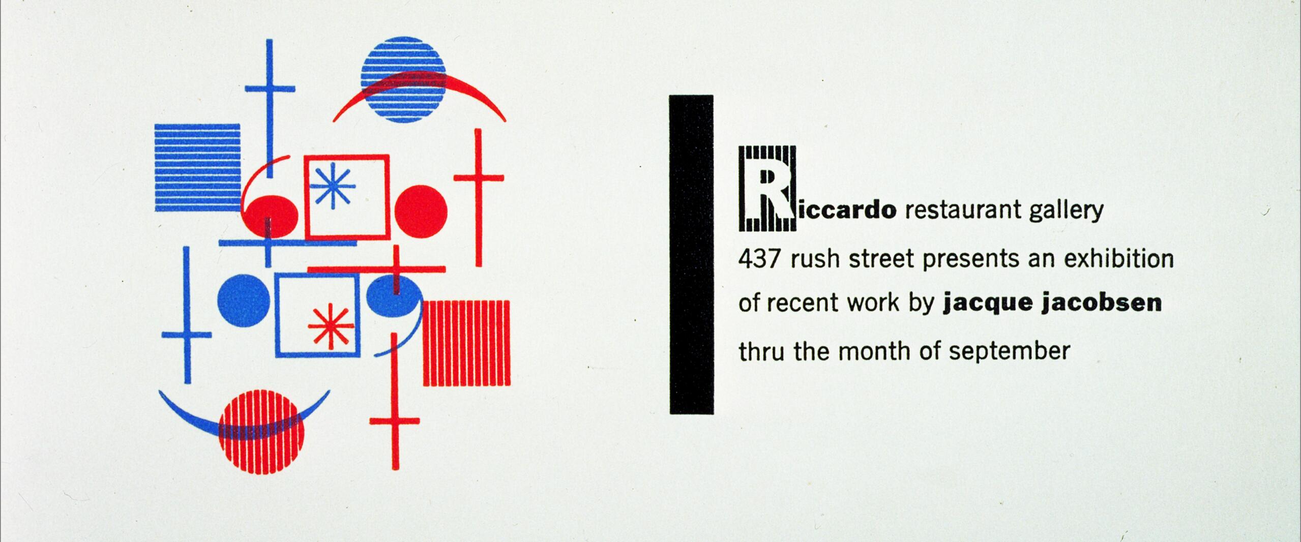 Abstract graphic design with red and blue geometric shapes on the left and text on the right promoting an exhibition at Riccardo restaurant gallery by Jacque Jacobsen.