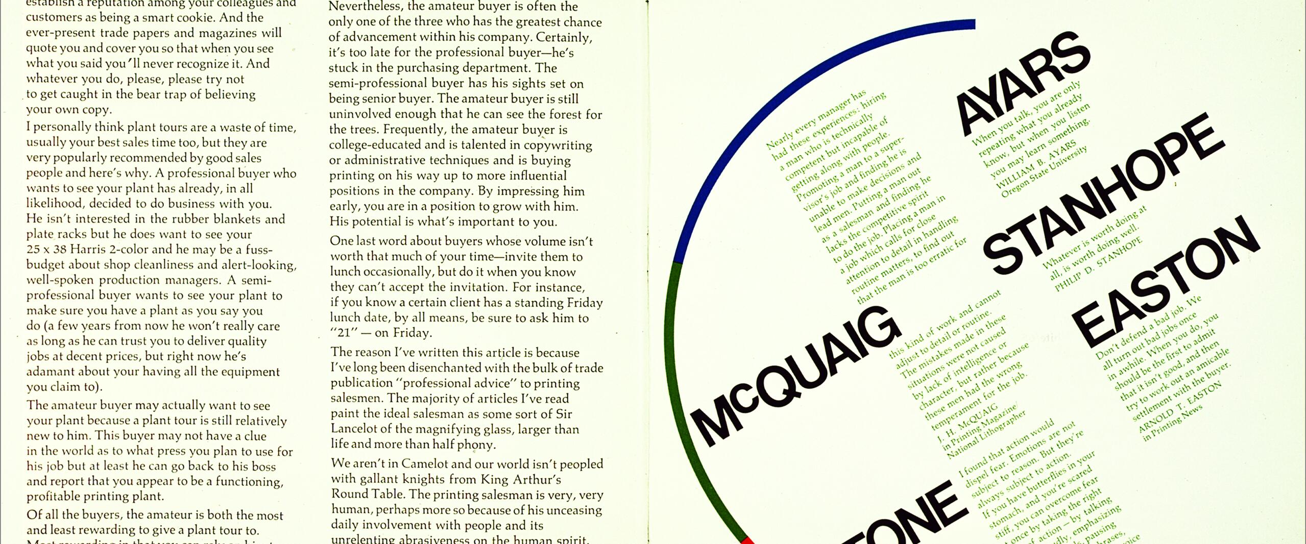 Magazine spread with overlapping text shaped in a rainbow arc featuring names: McQuaid, Stone, Ayars, Stanhope, Easton. Text describes professional advice and experiences. The background is off-white with green, blue, and red lines forming part of the design.