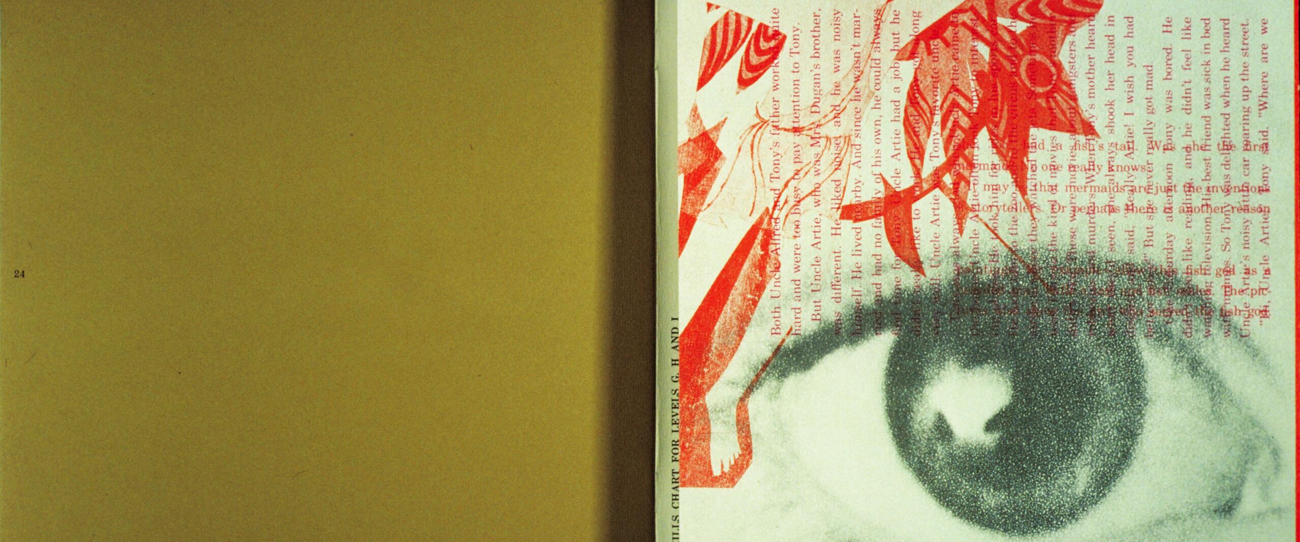 Graphic cover with a large eye illustration overlaid with red text and an abstract figure with flowing hair. The left side is plain beige with minimal text.