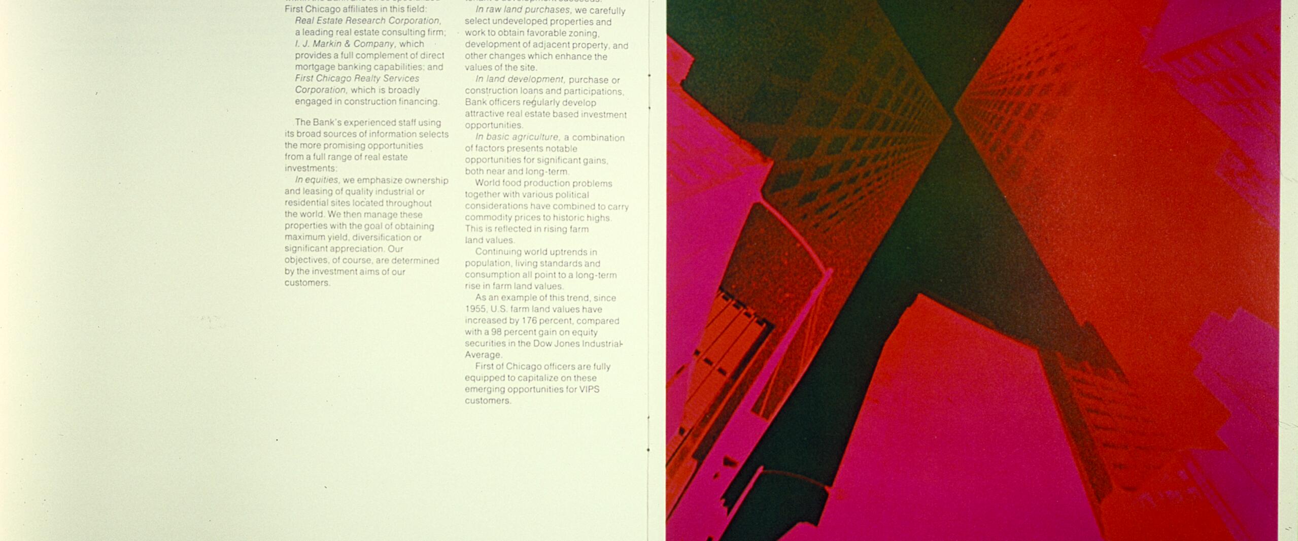 Text-heavy document discussing real estate investment opportunities on left. On right, an abstract, colorful graphic with vibrant pink and red tones depicts skyscrapers from a low-angle perspective.
