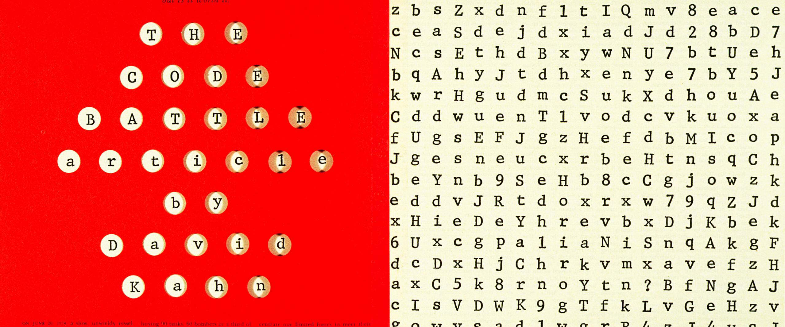 Left: "The Code Battle" article text in typewriter keys on a red background. Right: A cryptic alphabet pattern on a beige background.