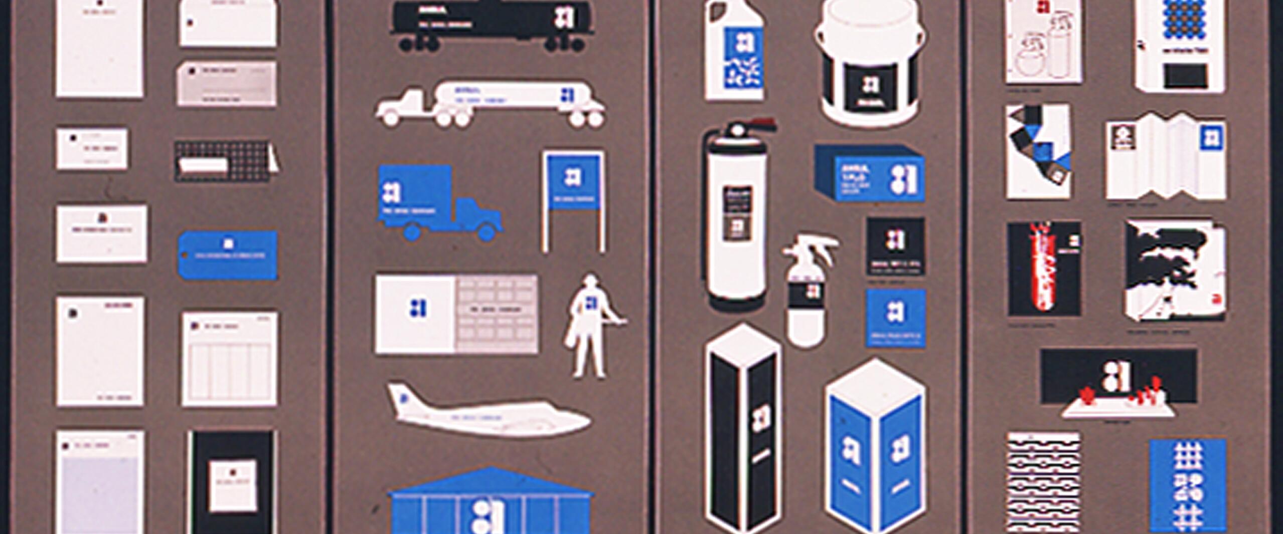 Four panels showing a design system with various objects, including stationery, vehicles, and packaging. The consistent use of blue, black, and white colors and a logo unify the items. Each panel features differently arranged graphics and illustrations.