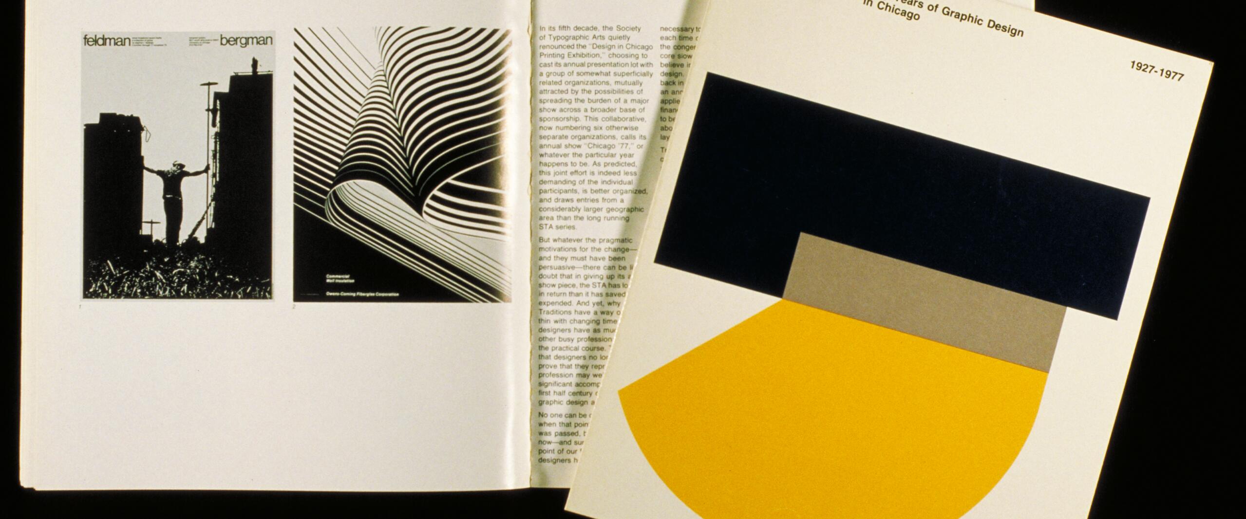 Open book displaying black-and-white posters on one page; adjacent page features text. A brochure with abstract geometric shapes in yellow, gray, and dark blue lies on top, titled "Fifty Years of Graphic Design in Chicago."