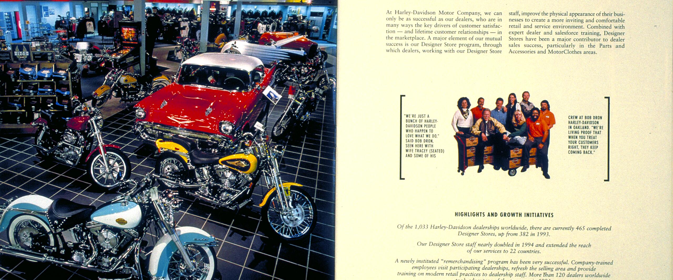 A vibrant dealership showroom with motorcycles and a vintage red car on display, surrounded by accessories. Adjacent text highlights Harley-Davidson's dealership improvements and includes a staff photograph with a friendly quote.