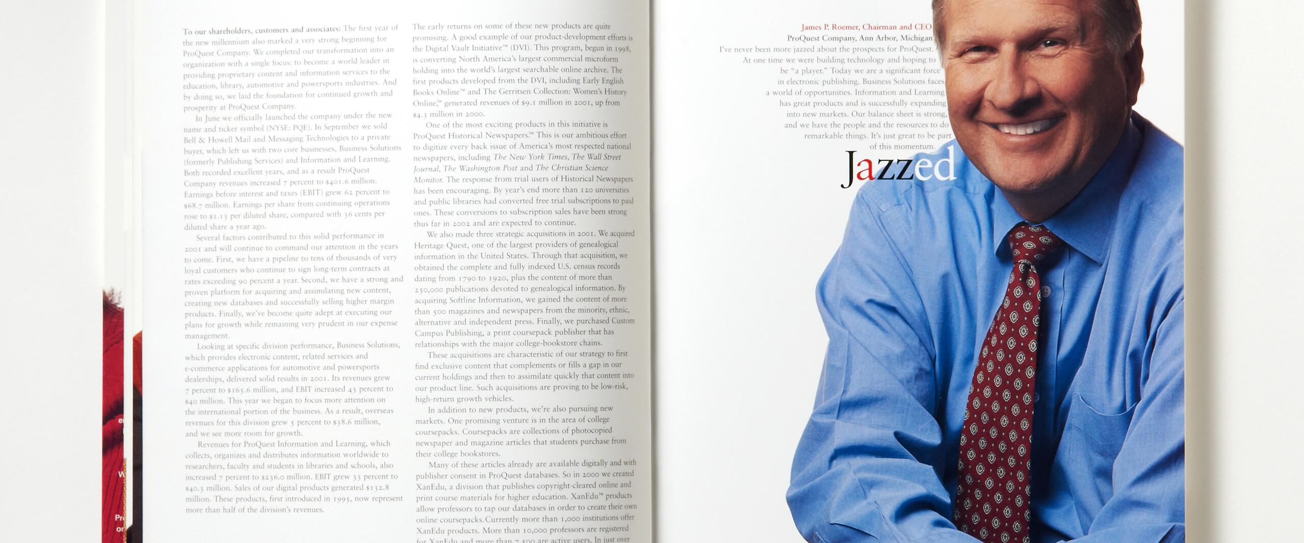 Magazine spread with text and a photograph. The left page features a "Letter from the Chairman." The right page shows a smiling man in a blue shirt and patterned tie next to the word "Jazzed" in red and blue text.