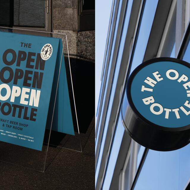 25B-05d_The Open Bottle Visual Identity: Blue A-frame sign and round wall sign_Jack Muldowney